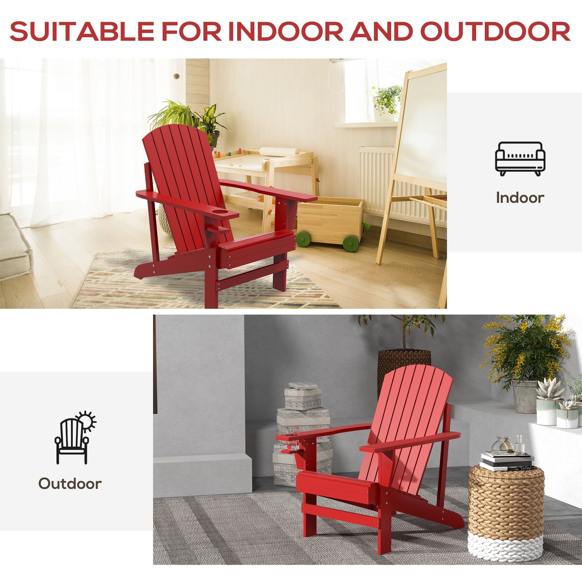 Classic Adirondack Chair Muskoka Chair, Garden Deck Chair with Cup Holder for Patio, Indoor, Backyard, Red