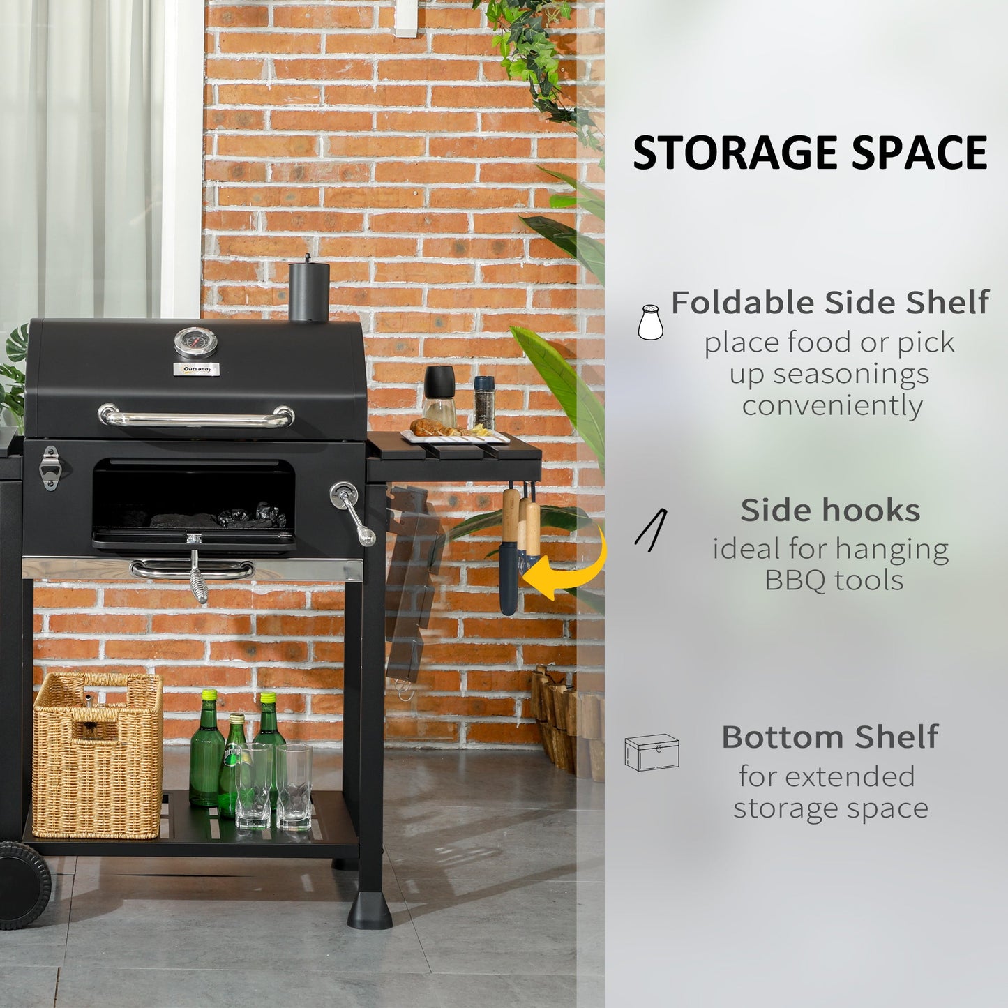 Charcoal BBQ Grill Trolley with Adjustable Charcoal Pan, Barbecue Grill Smoker with Storage Shelves, Lid, Thermometer, Bottle Opener and Wheels, Galvanised Steel