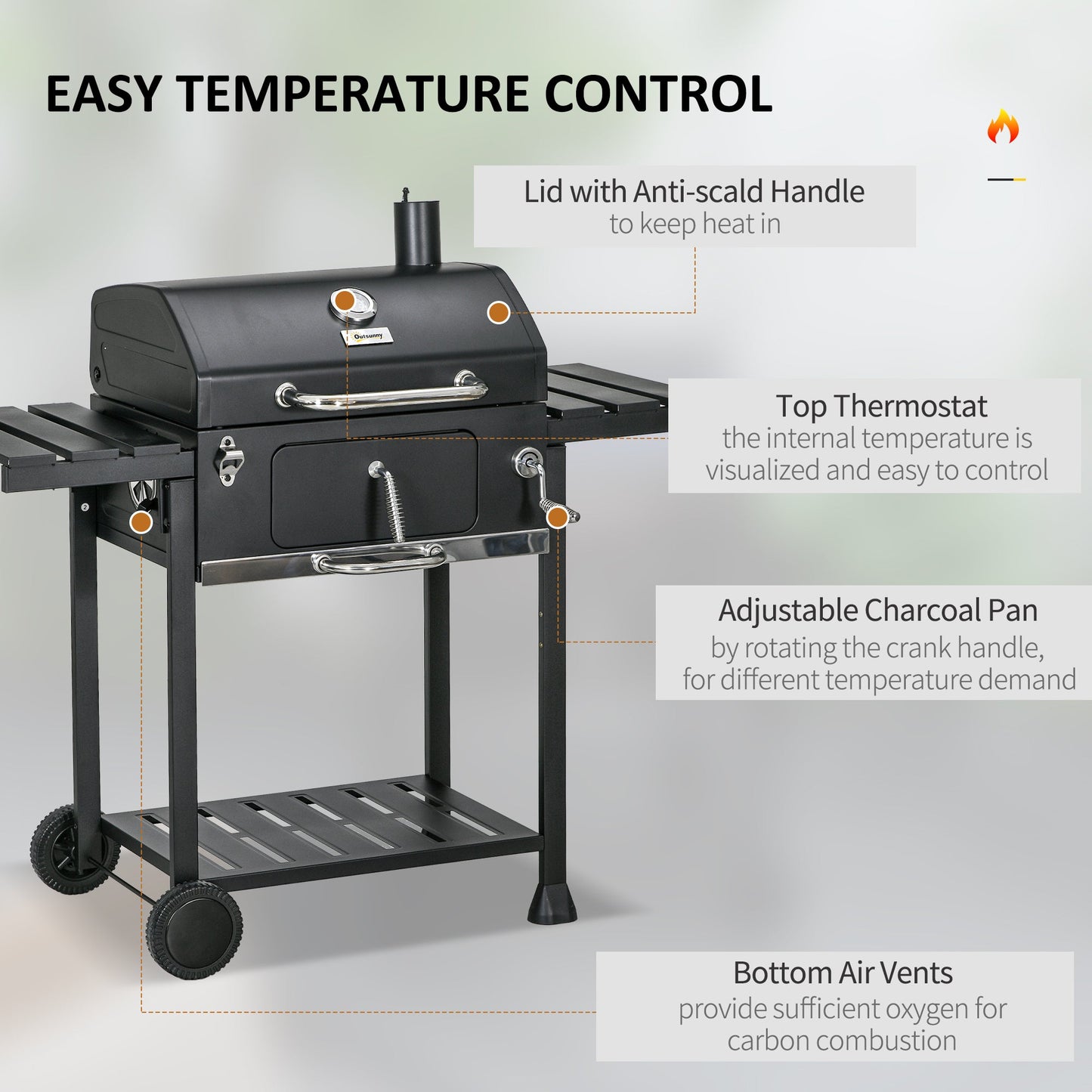 Charcoal BBQ Grill Trolley with Adjustable Charcoal Pan, Barbecue Grill Smoker with Storage Shelves, Lid, Thermometer, Bottle Opener and Wheels, Galvanised Steel