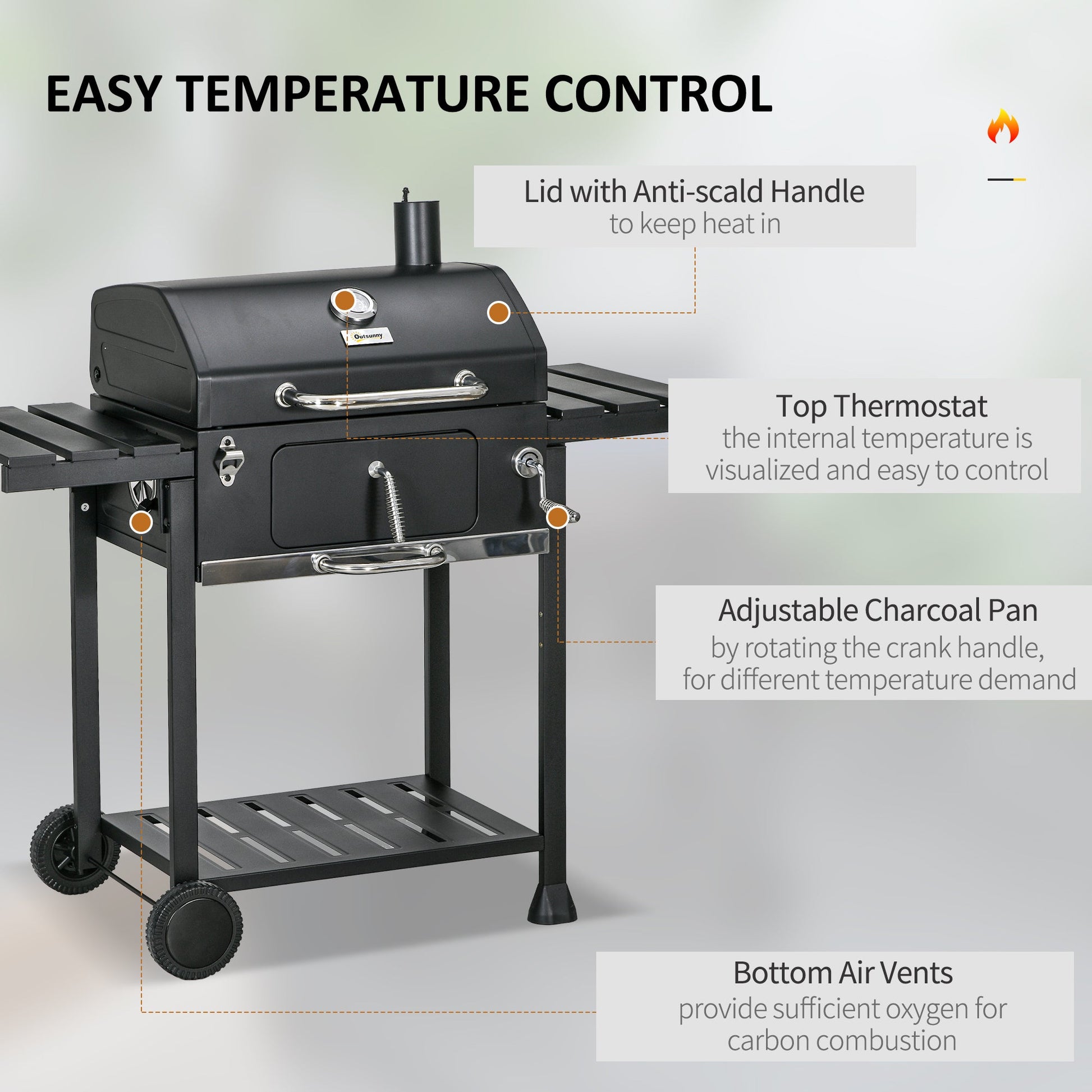 Charcoal BBQ Grill Trolley with Adjustable Charcoal Pan, Barbecue Grill Smoker with Storage Shelves, Lid, Thermometer, Bottle Opener and Wheels, Galvanised Steel