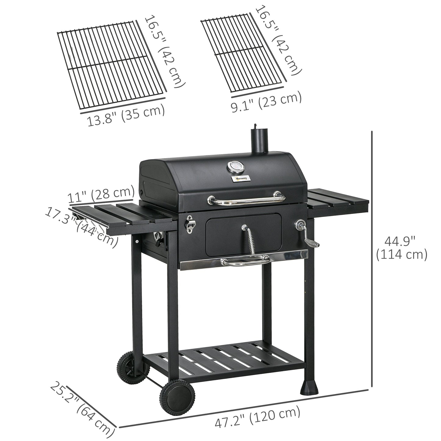 Charcoal BBQ Grill Trolley with Adjustable Charcoal Pan, Barbecue Grill Smoker with Storage Shelves, Lid, Thermometer, Bottle Opener and Wheels, Galvanised Steel