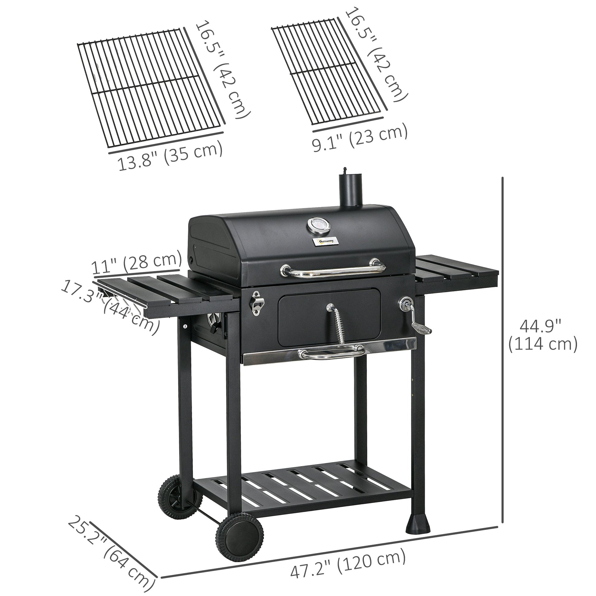 Charcoal BBQ Grill Trolley with Adjustable Charcoal Pan, Barbecue Grill Smoker with Storage Shelves, Lid, Thermometer, Bottle Opener and Wheels, Galvanised Steel