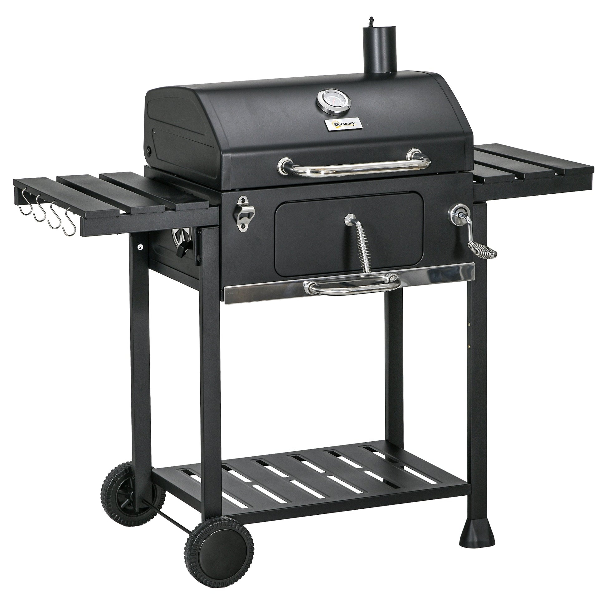 Charcoal BBQ Grill Trolley with Adjustable Charcoal Pan, Barbecue Grill Smoker with Storage Shelves, Lid, Thermometer, Bottle Opener and Wheels, Galvanised Steel