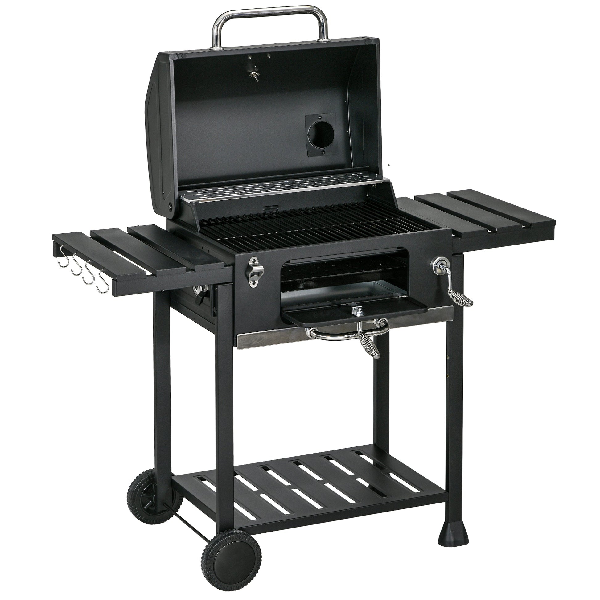 Charcoal BBQ Grill Trolley with Adjustable Charcoal Pan, Barbecue Grill Smoker with Storage Shelves, Lid, Thermometer, Bottle Opener and Wheels, Galvanised Steel