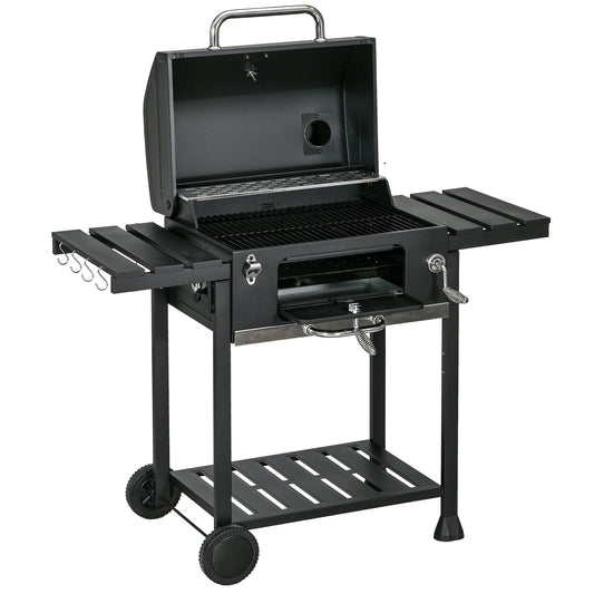 Charcoal BBQ Grill Trolley with Adjustable Charcoal Pan, Barbecue Grill Smoker with Storage Shelves, Lid, Thermometer, Bottle Opener and Wheels, Galvanised Steel