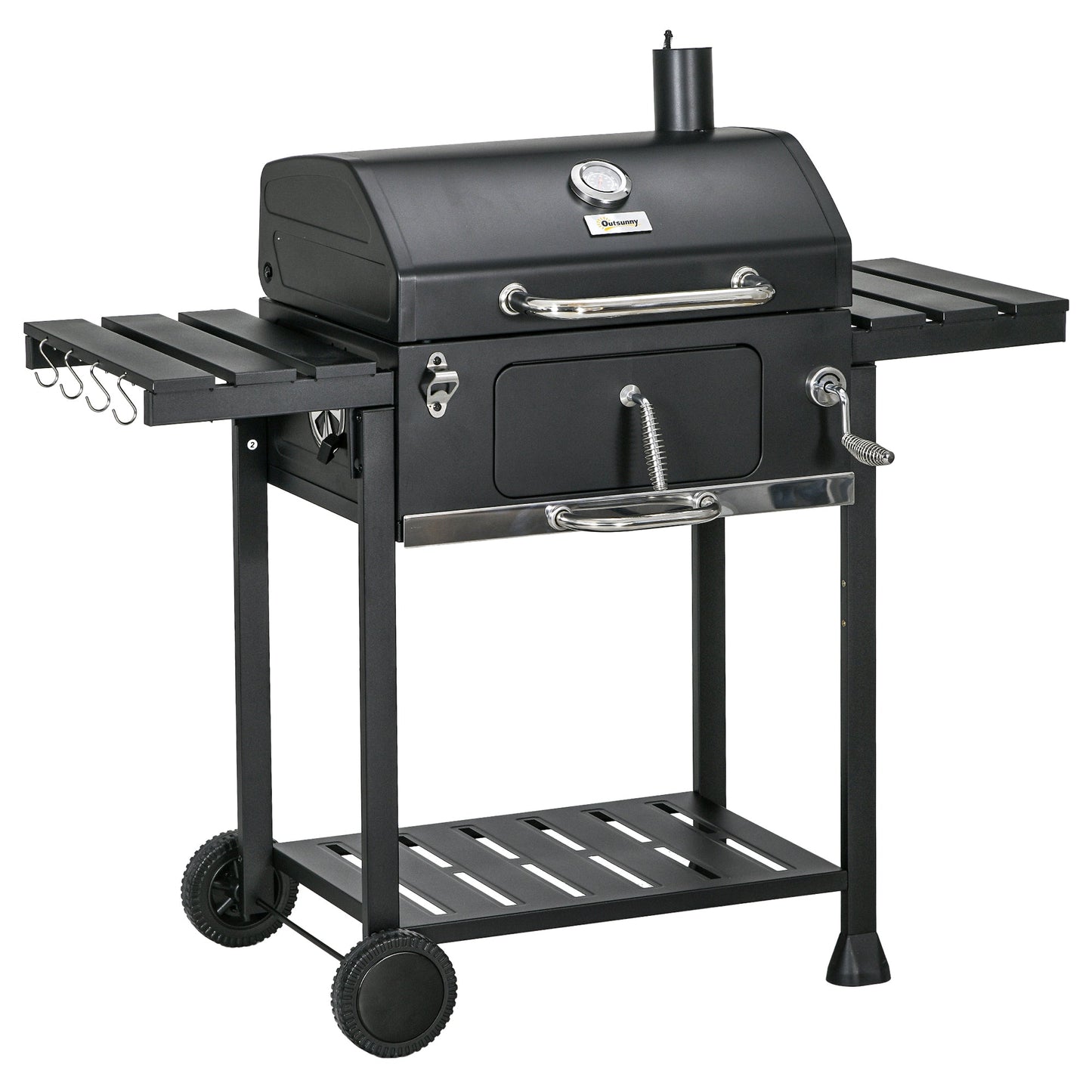 Charcoal BBQ Grill Trolley with Adjustable Charcoal Pan, Barbecue Grill Smoker with Storage Shelves, Lid, Thermometer, Bottle Opener and Wheels, Galvanised Steel