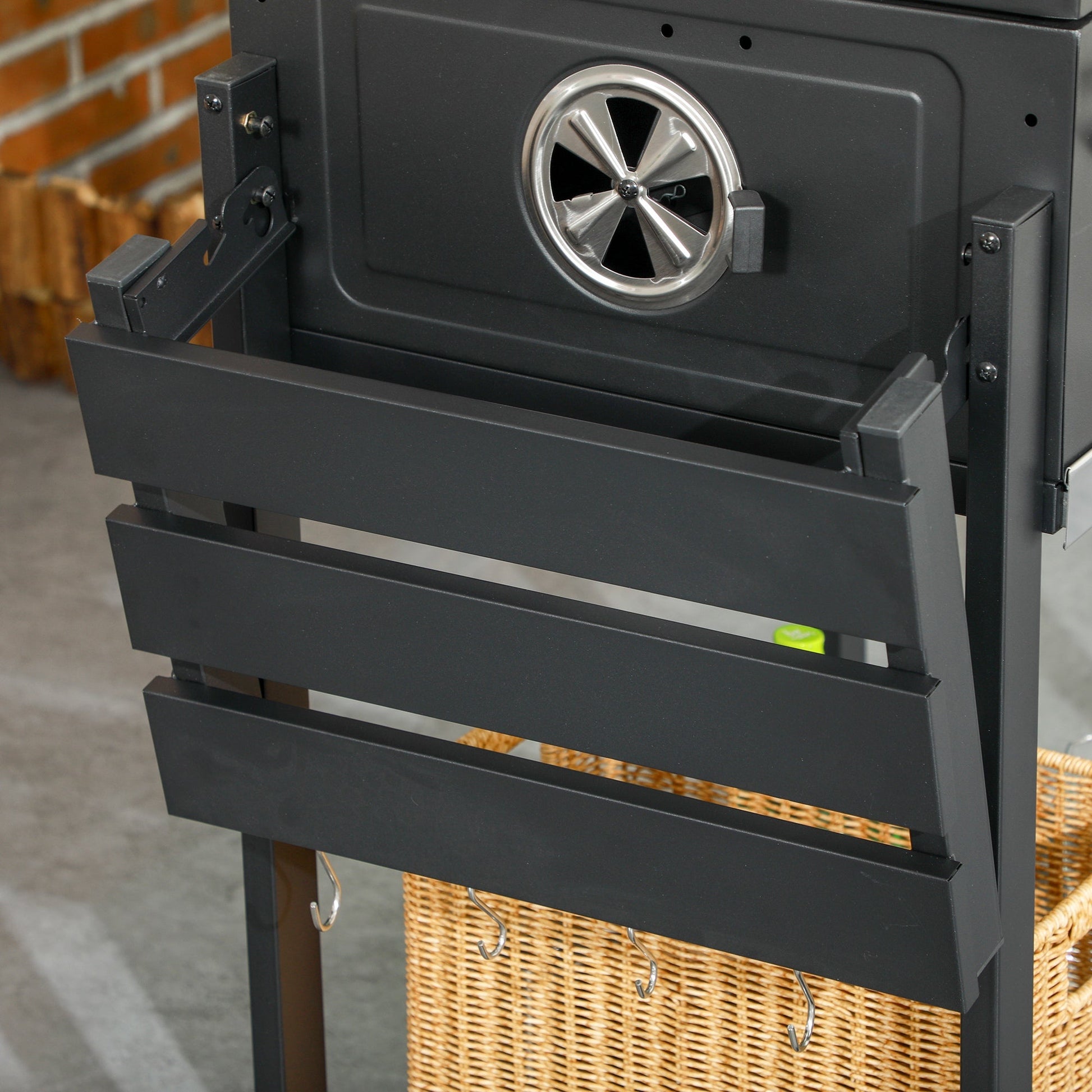 Charcoal BBQ Grill Trolley with Adjustable Charcoal Pan, Barbecue Grill Smoker with Storage Shelves, Lid, Thermometer, Bottle Opener and Wheels, Galvanised Steel
