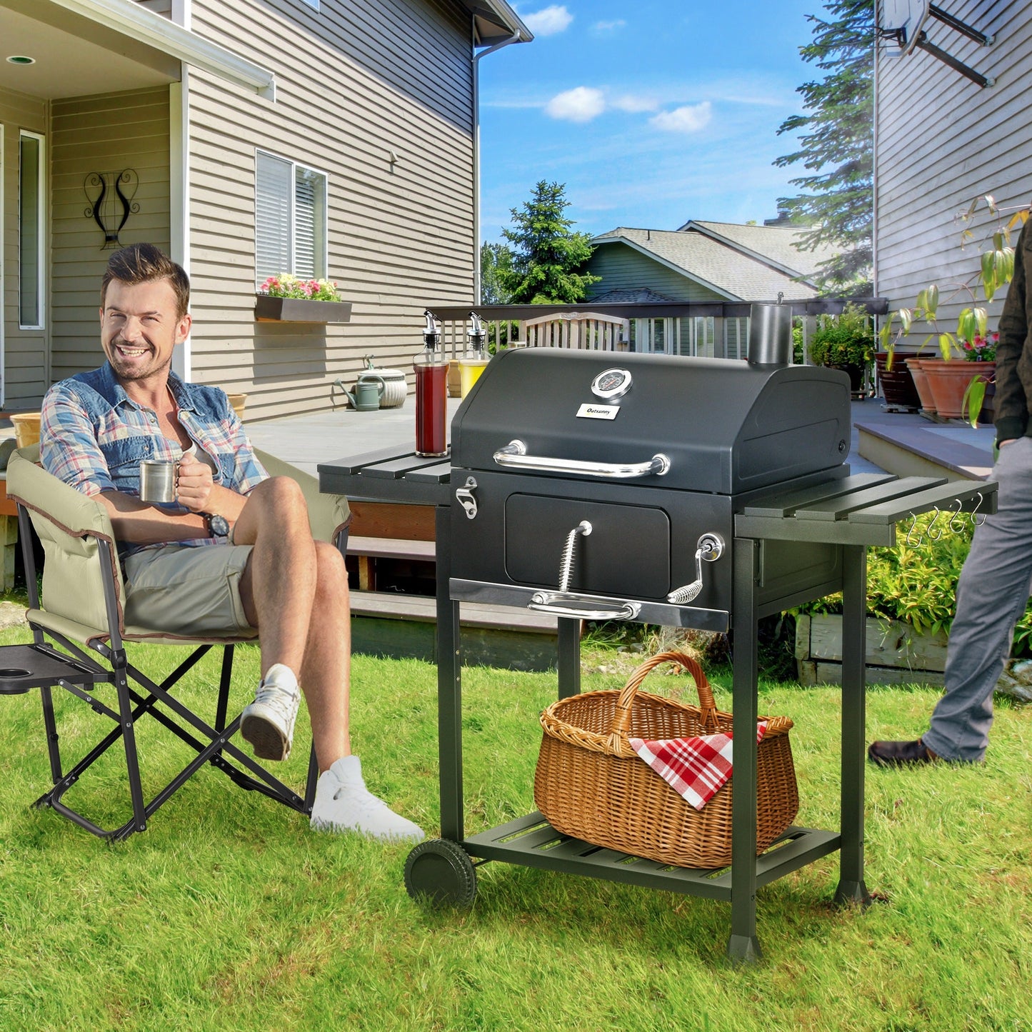 Charcoal BBQ Grill Trolley with Adjustable Charcoal Pan, Barbecue Grill Smoker with Storage Shelves, Lid, Thermometer, Bottle Opener and Wheels, Galvanised Steel