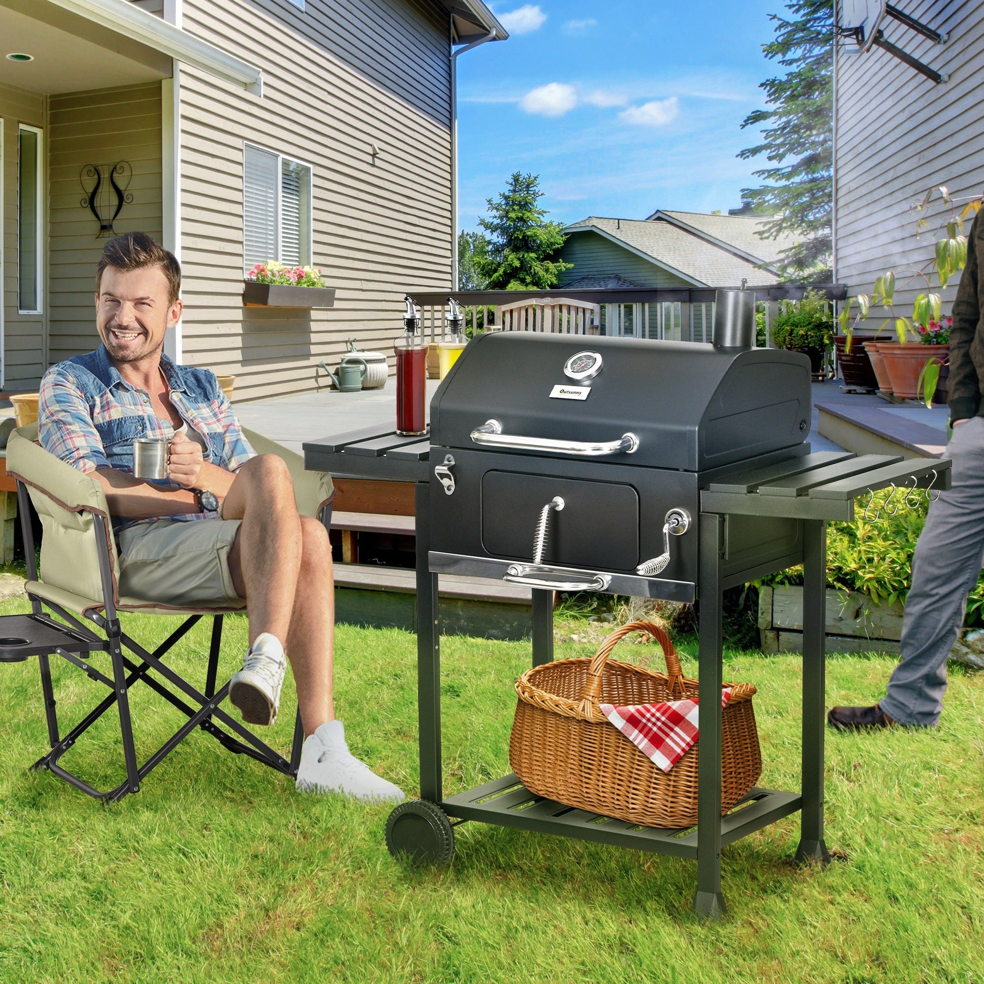 Charcoal BBQ Grill Trolley with Adjustable Charcoal Pan, Barbecue Grill Smoker with Storage Shelves, Lid, Thermometer, Bottle Opener and Wheels, Galvanised Steel