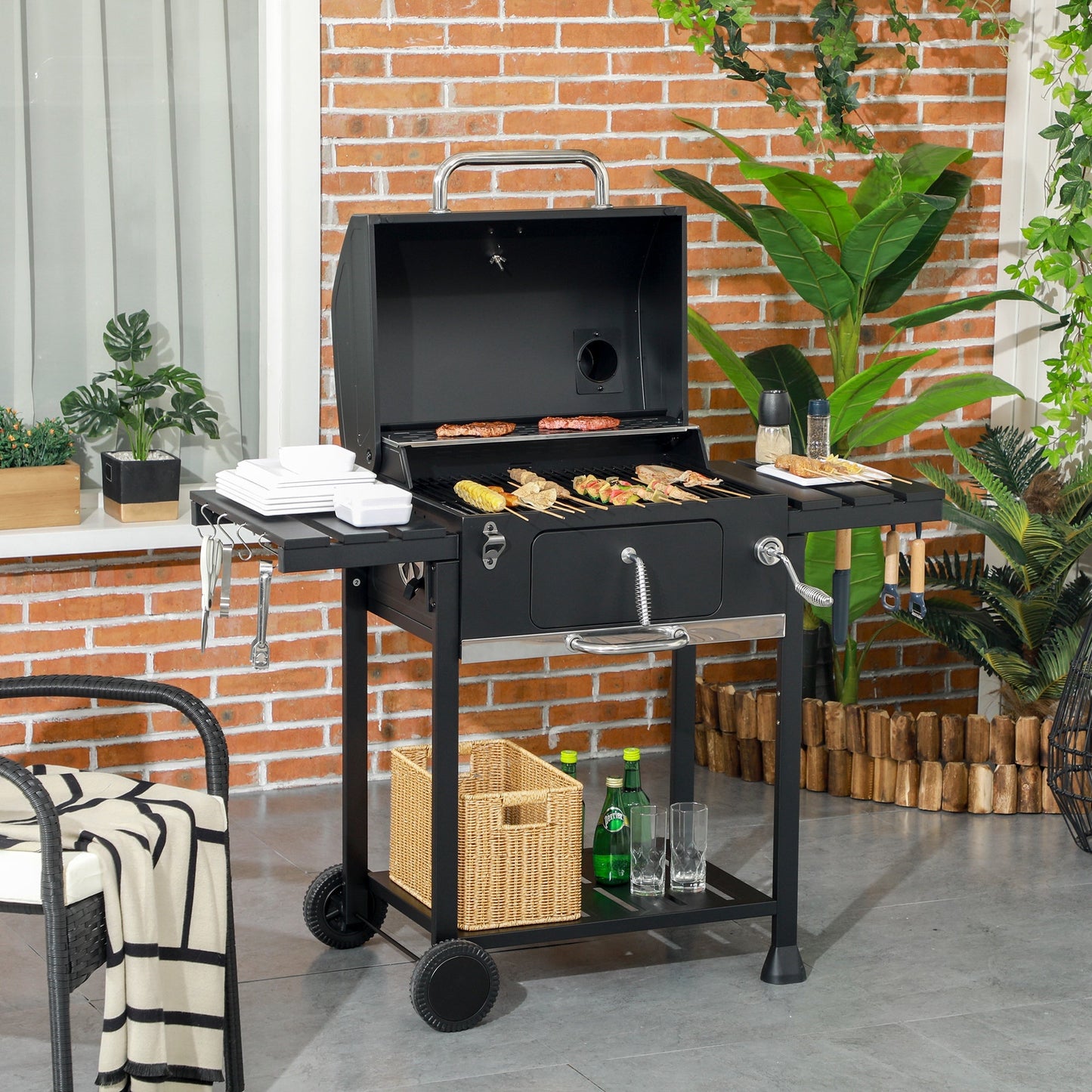 Charcoal BBQ Grill Trolley with Adjustable Charcoal Pan, Barbecue Grill Smoker with Storage Shelves, Lid, Thermometer, Bottle Opener and Wheels, Galvanised Steel