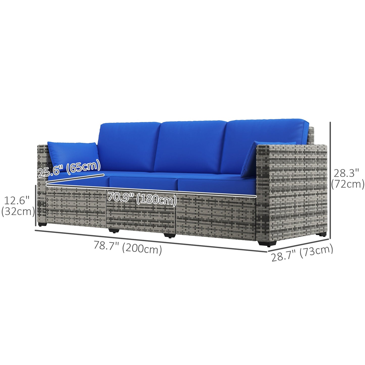Three-Seater Outdoor Sofa with Cushions, PE Rattan Conversation Patio Wicker Couch Furniture with Pillows for Garden, Poolside, Deck, Balcony, Backyard, Blue