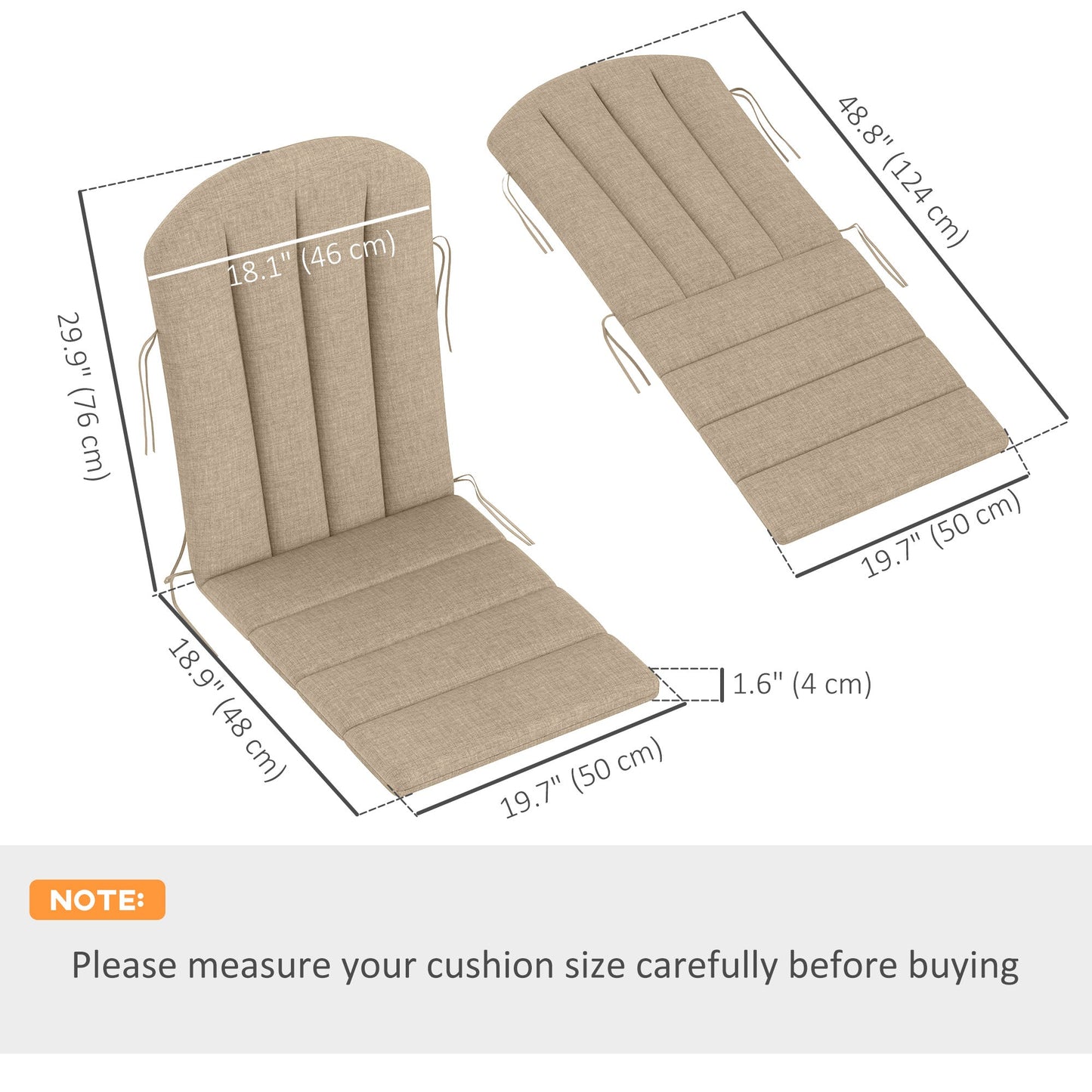 Adirondack Chair Cushion Set of 4, Outdoor Chair Cushions, High Back Patio Chair Cushions with Ties, Non-Slip Replacement Seat Cushion for Patio Furniture, Beige