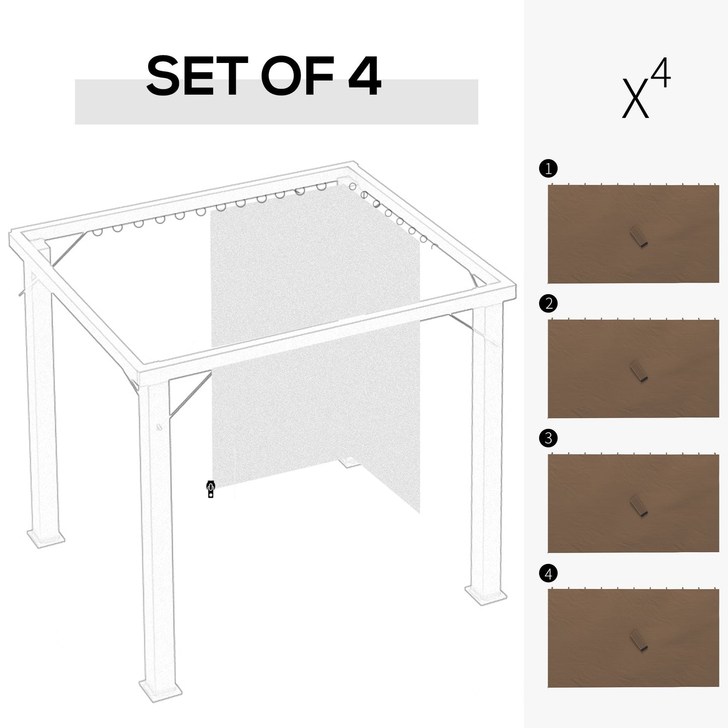 Replacement Gazebo Curtains with Zipper, 4-Panel Universal Gazebo Privacy Sidewall for Most 10' x 13' Gazebo Canopy Pavillion, Hooks/C-Rings Included, Dark Brown