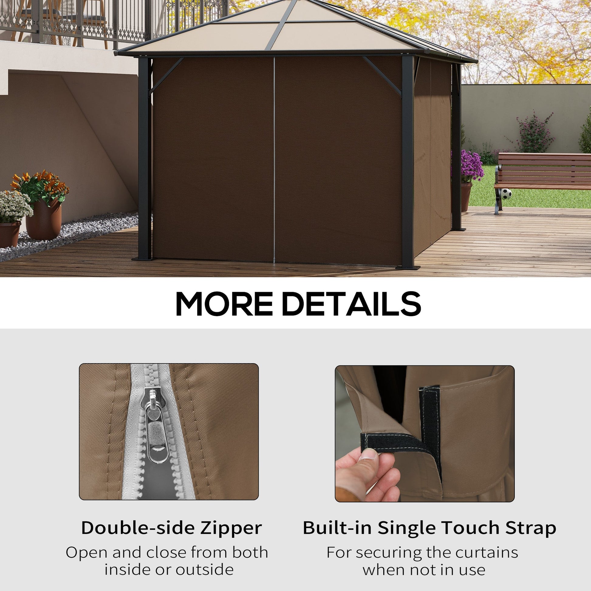 Replacement Gazebo Curtains with Zipper, 4-Panel Universal Gazebo Privacy Sidewall for Most 10' x 13' Gazebo Canopy Pavillion, Hooks/C-Rings Included, Dark Brown
