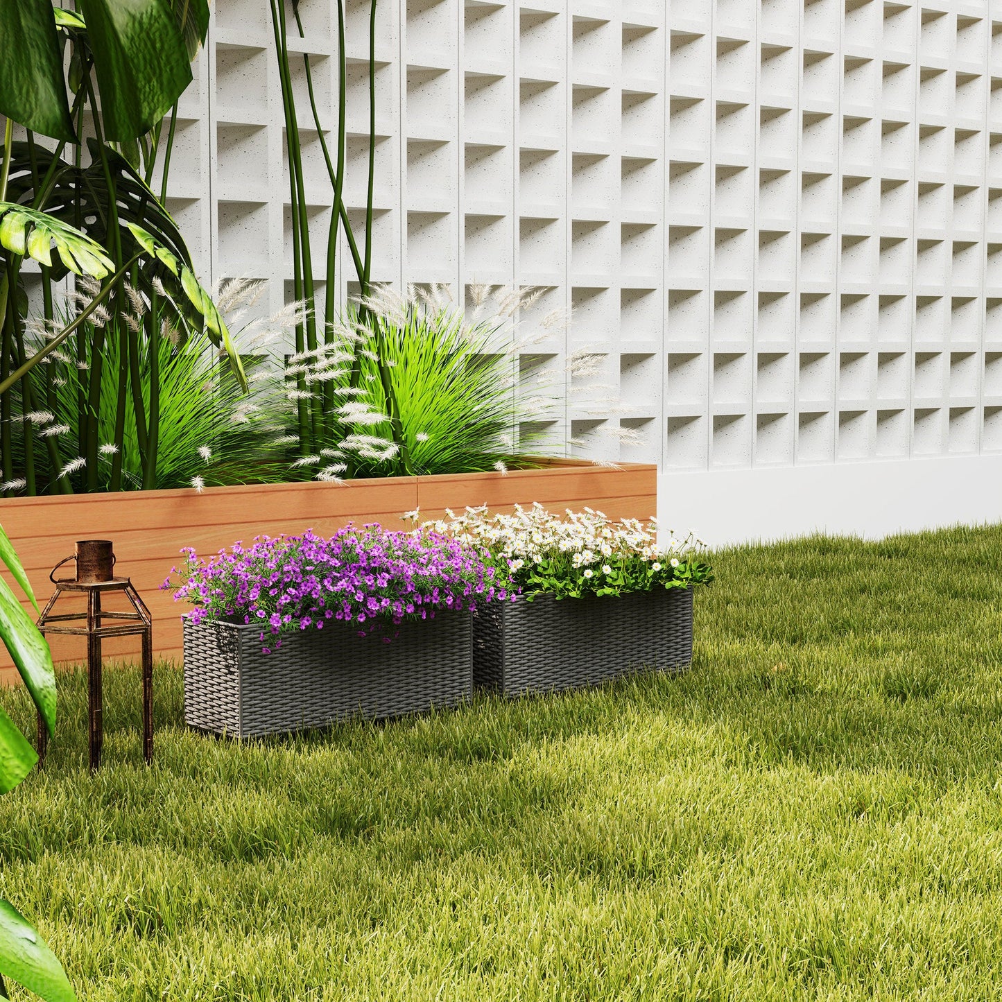 2 Pack Railing Planter Box, 20 Inch Hanging Flower Pots with Hooks and Drainage Hole, Rectangular Planters for Fence, Balcony, Garden, Patio, Rattan Look, Grey