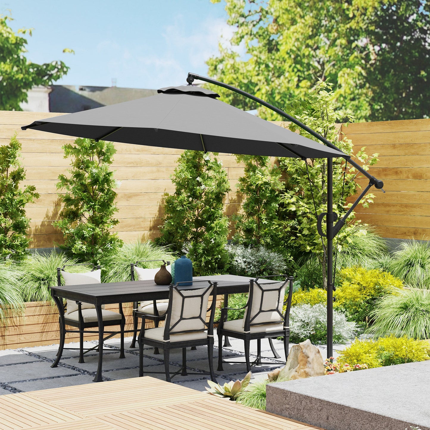 118.1" Patio Offset Umbrella with Cover and Wind Protection Strap, Round Overhanging Umbrella with Crank Handle and Tilt for Outdoor Sun Shade, UPF50+, Grey