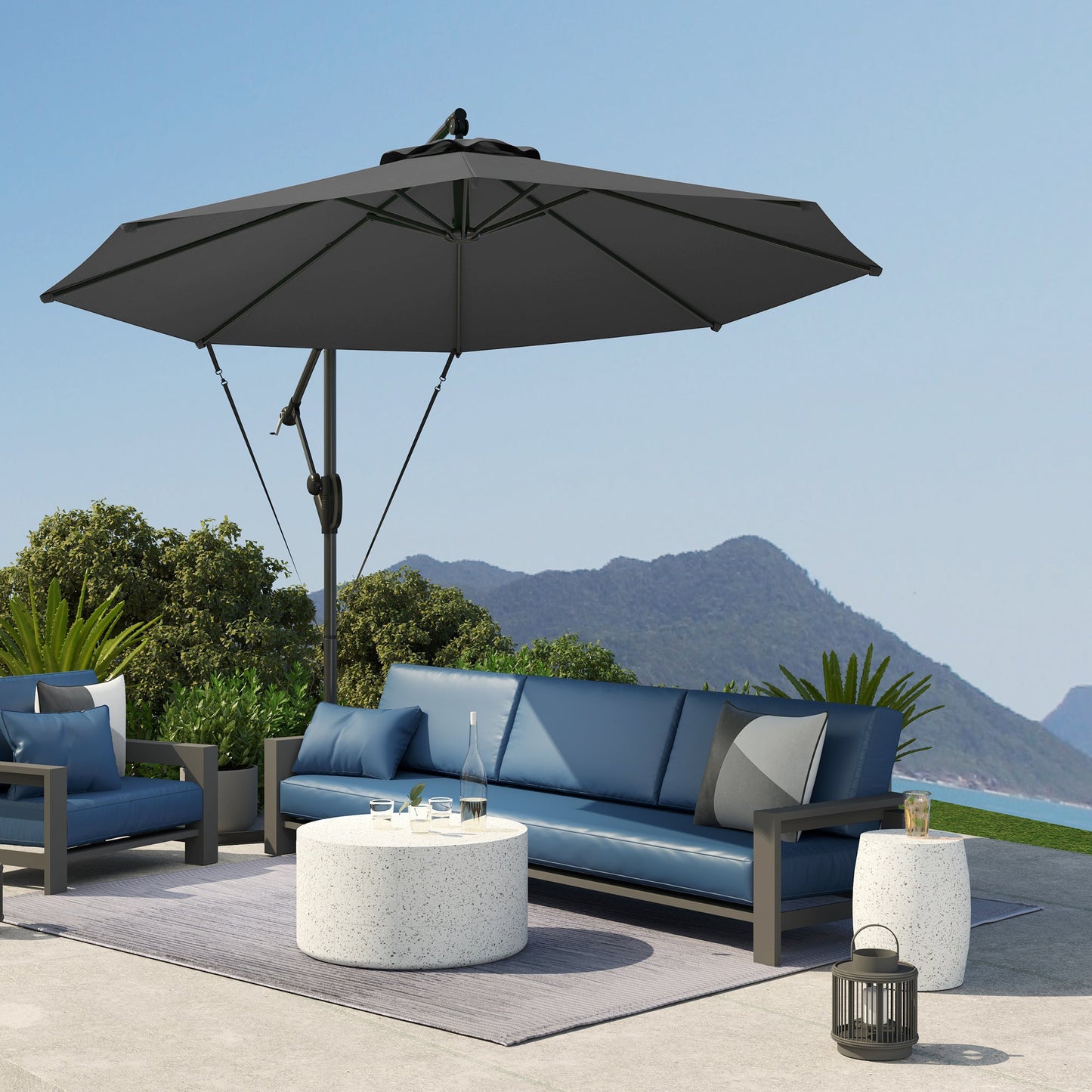 118.1" Patio Offset Umbrella with Cover and Wind Protection Strap, Round Overhanging Umbrella with Crank Handle and Tilt for Outdoor Sun Shade, UPF50+, Grey