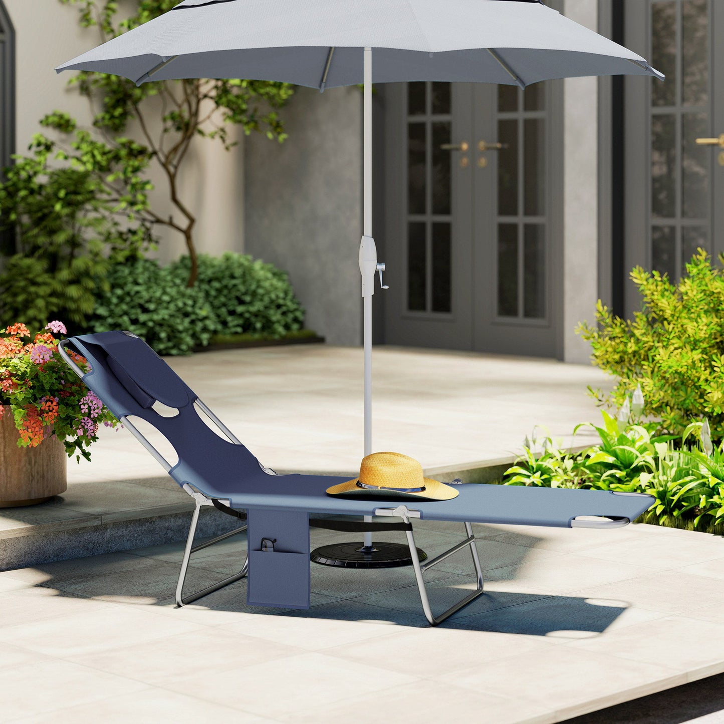 Folding Lounge Chair Outdoor Tanning Chair with Face Hole, 5-Position Reclining Sun Lounger Chaise Lounge Cot with Side Pocket, Carry Strap for Beach Pool, Yard, Grey