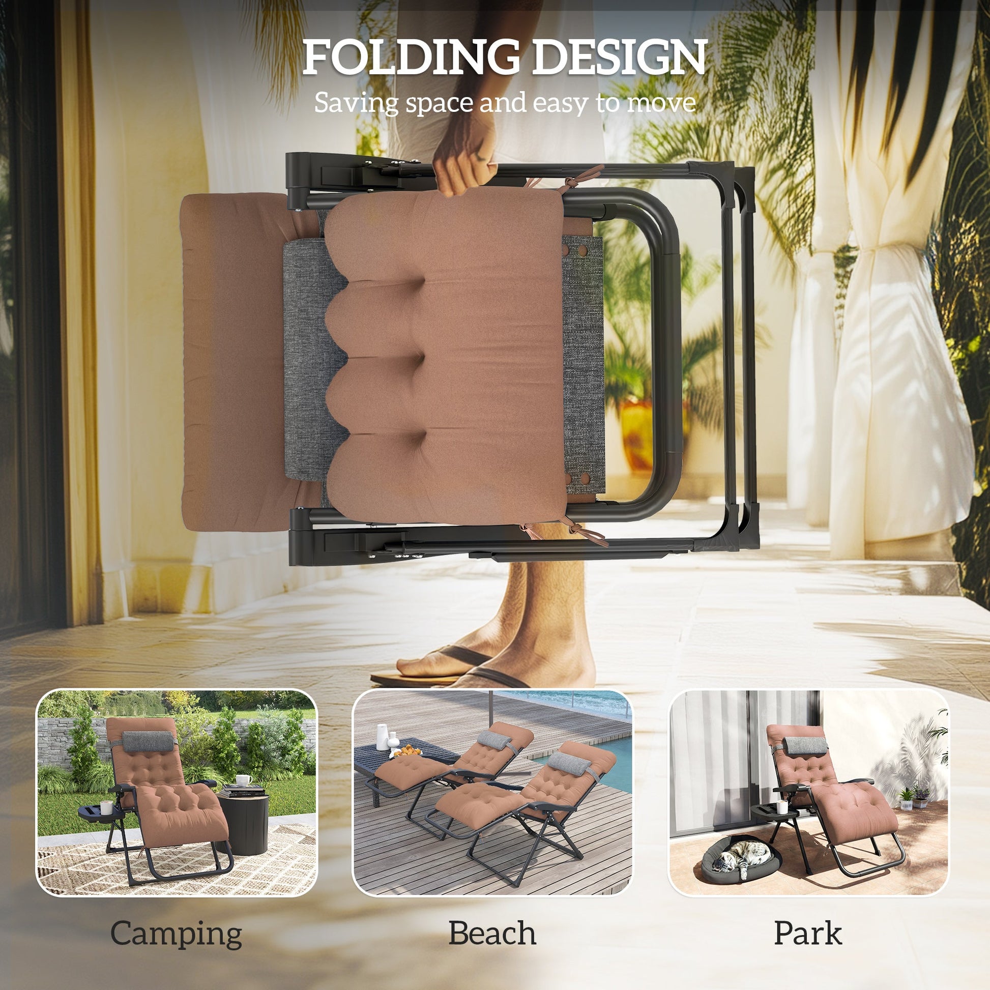 Padded Zero Gravity Chair, Folding Recliner Chair, Patio Lounger with Cup Holder, Headrest, Adjustable Backrest, Removable Cushion for Outdoor, Patio, Deck, Khaki