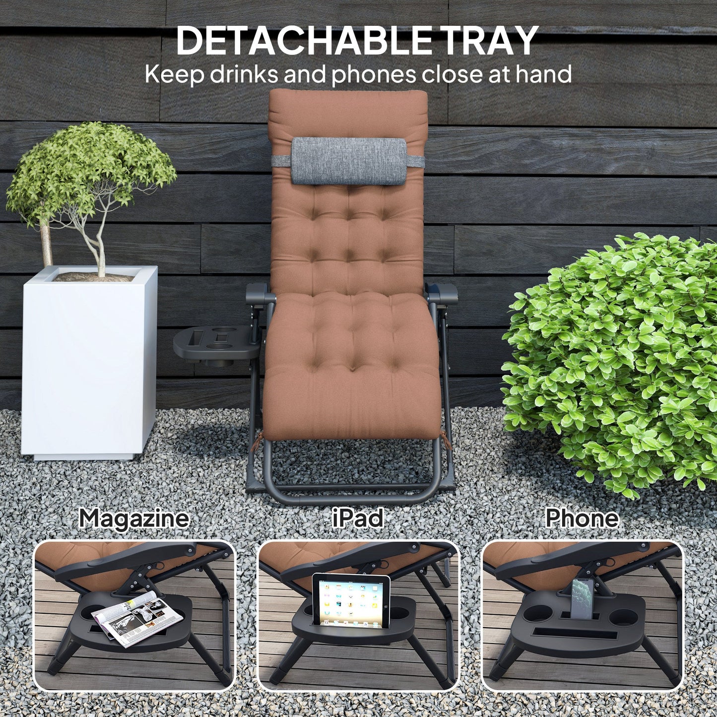 Padded Zero Gravity Chair, Folding Recliner Chair, Patio Lounger with Cup Holder, Headrest, Adjustable Backrest, Removable Cushion for Outdoor, Patio, Deck, Khaki