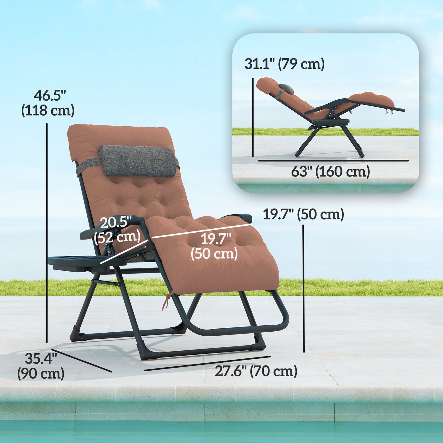 Padded Zero Gravity Chair, Folding Recliner Chair, Patio Lounger with Cup Holder, Headrest, Adjustable Backrest, Removable Cushion for Outdoor, Patio, Deck, Khaki