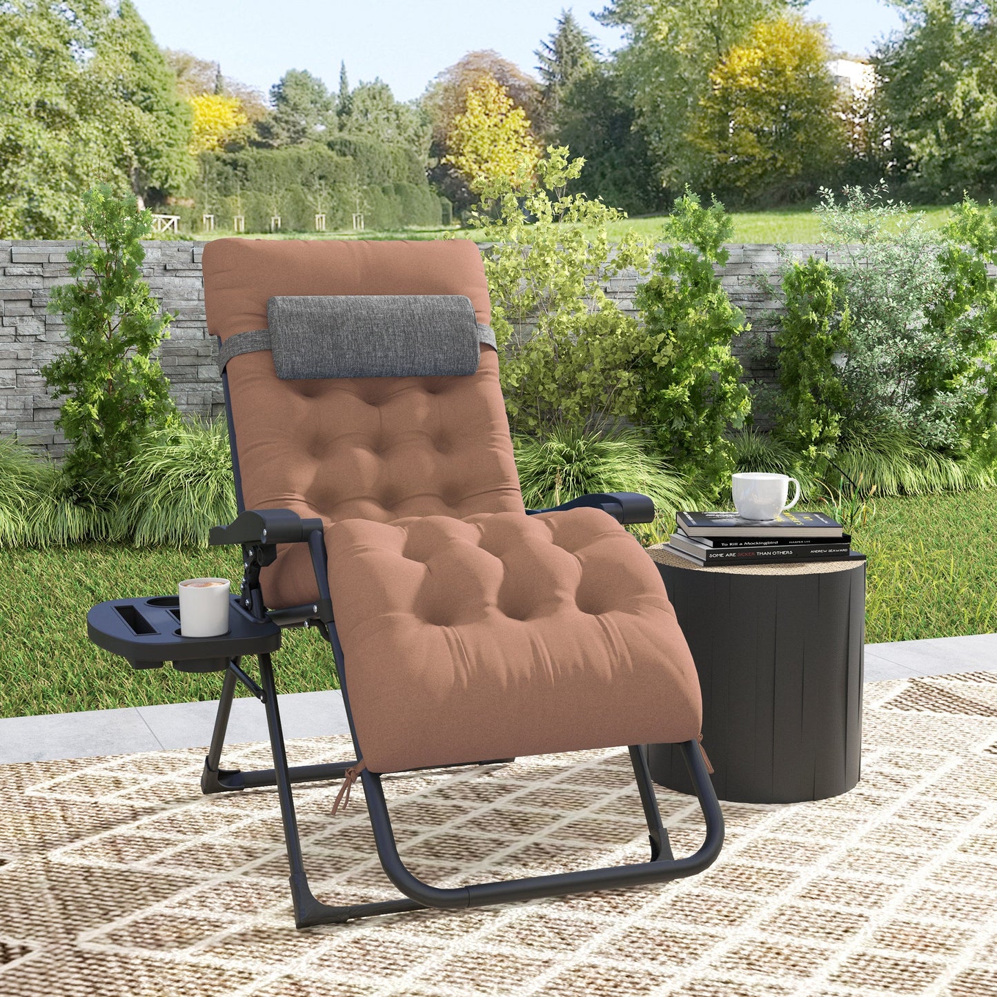 Padded Zero Gravity Chair, Folding Recliner Chair, Patio Lounger with Cup Holder, Headrest, Adjustable Backrest, Removable Cushion for Outdoor, Patio, Deck, Khaki