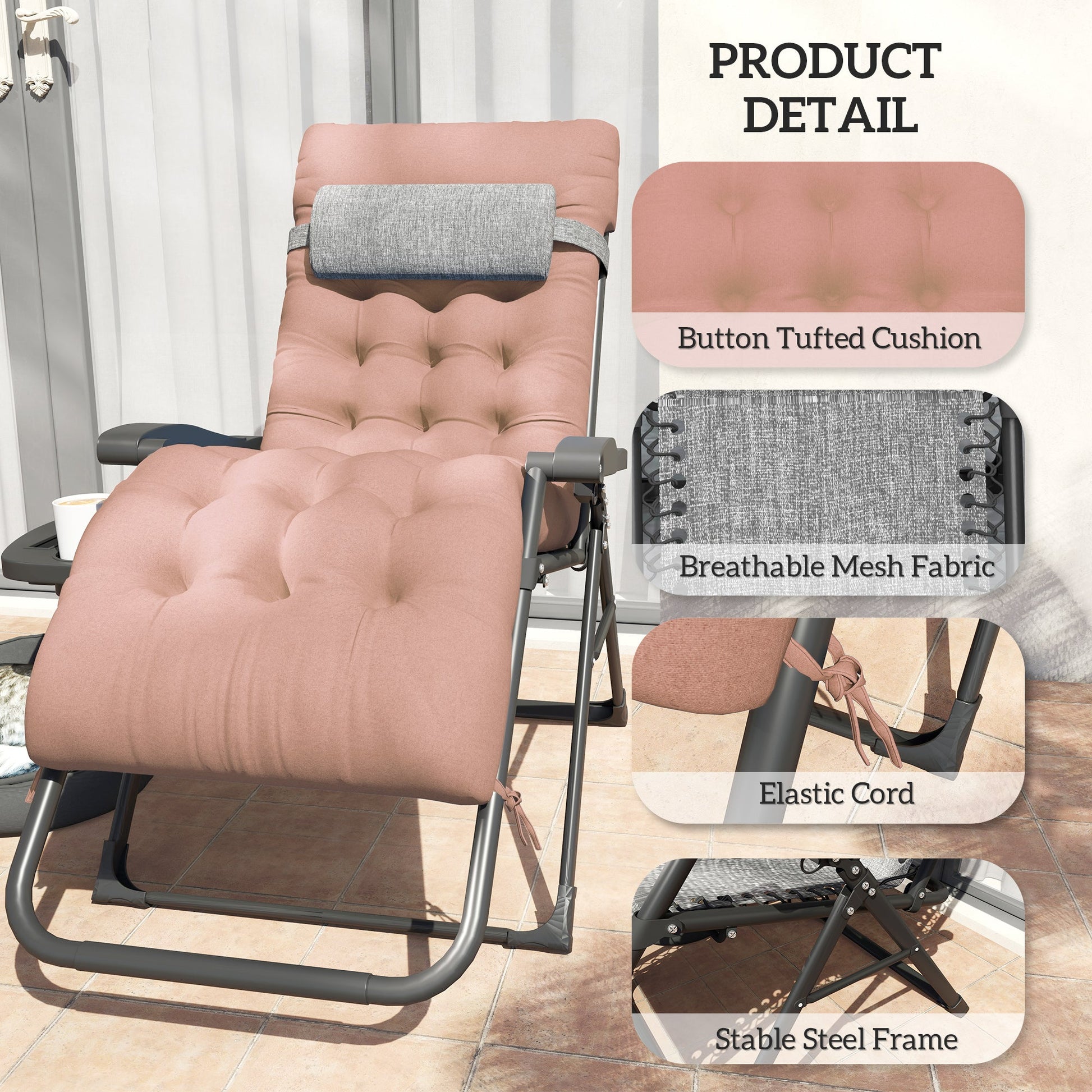 Padded Zero Gravity Chair, Folding Recliner Chair, Patio Lounger with Cup Holder, Headrest, Adjustable Backrest, Removable Cushion for Outdoor, Patio, Deck, Khaki
