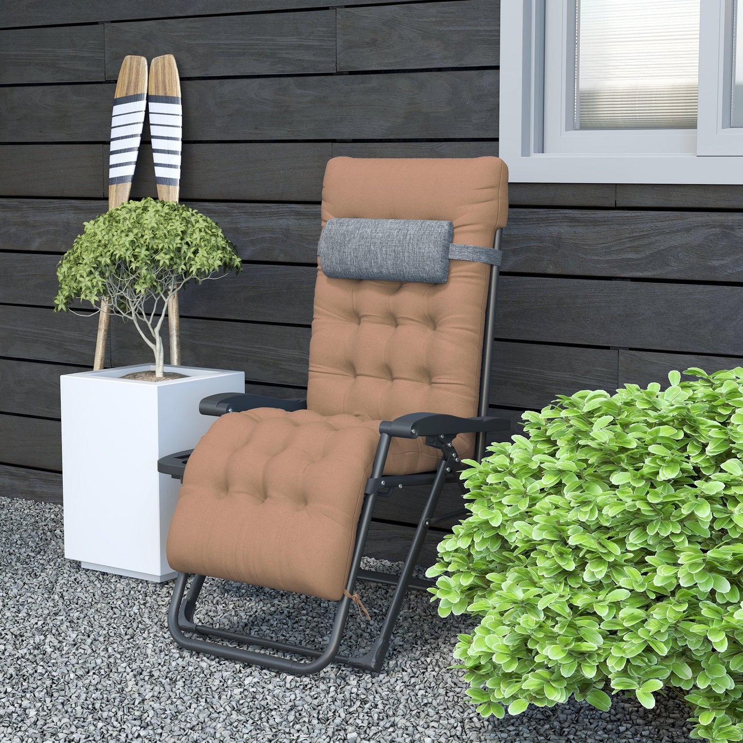 Padded Zero Gravity Chair, Folding Recliner Chair, Patio Lounger with Cup Holder, Headrest, Adjustable Backrest, Removable Cushion for Outdoor, Patio, Deck, Khaki