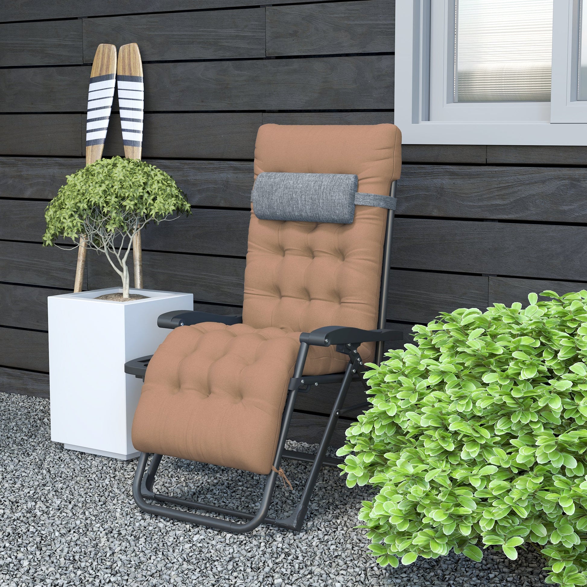 Padded Zero Gravity Chair, Folding Recliner Chair, Patio Lounger with Cup Holder, Headrest, Adjustable Backrest, Removable Cushion for Outdoor, Patio, Deck, Khaki