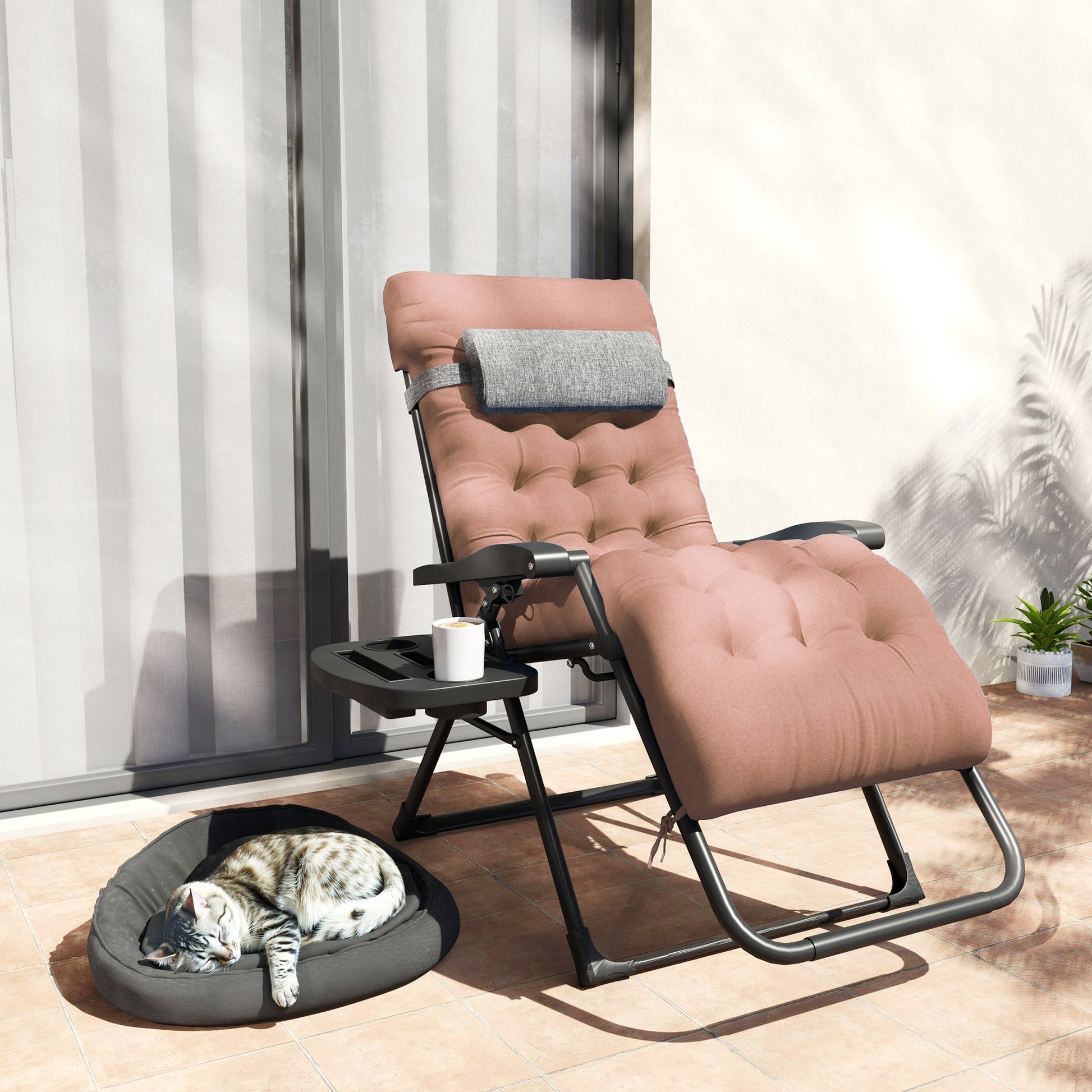 Padded Zero Gravity Chair, Folding Recliner Chair, Patio Lounger with Cup Holder, Headrest, Adjustable Backrest, Removable Cushion for Outdoor, Patio, Deck, Khaki