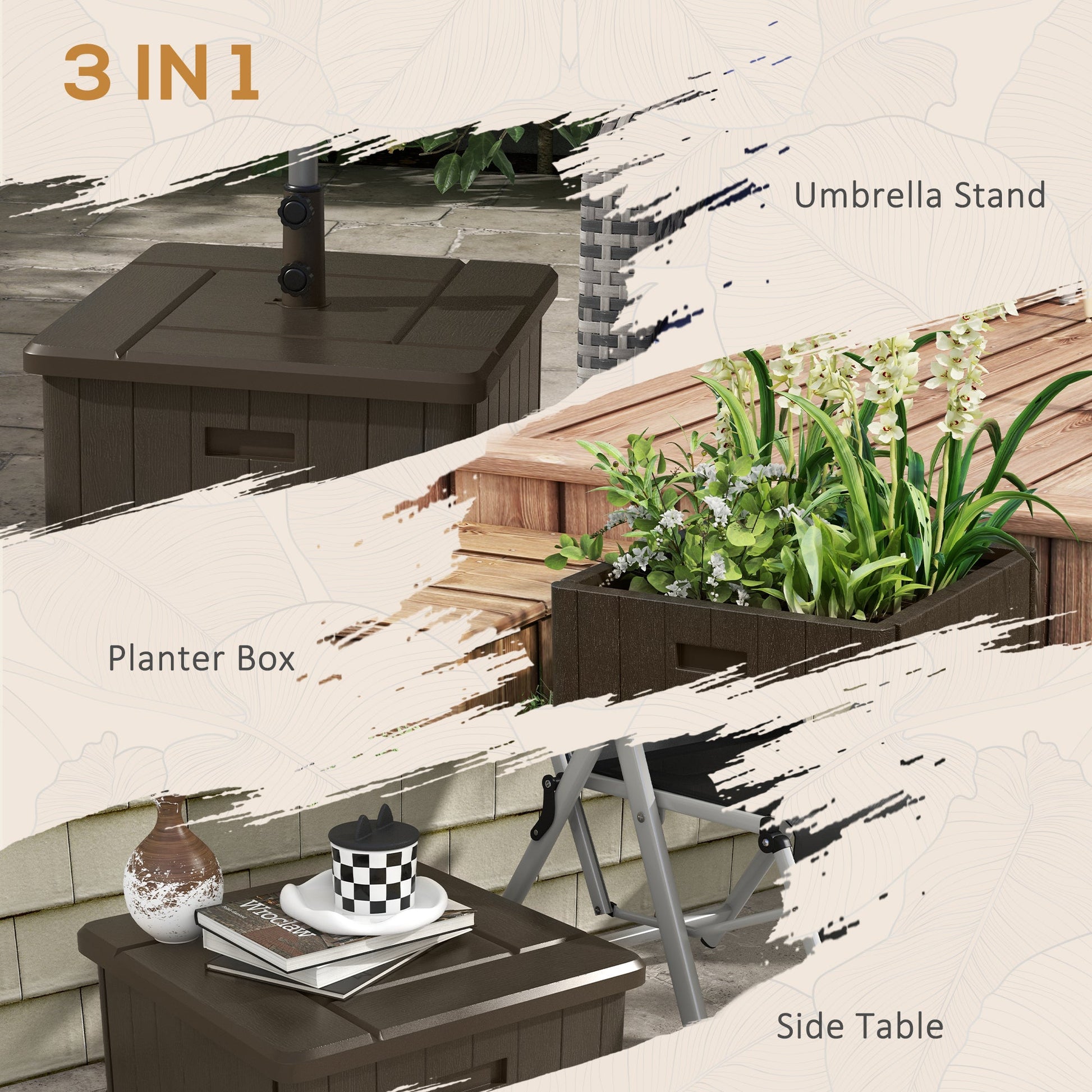 3-in-1 Outdoor Umbrella Base, Coffee End Table, Flower Box Planter with Drain Hole, Fillable Patio Umbrella Stand Table with Wheels and Handles, Brown