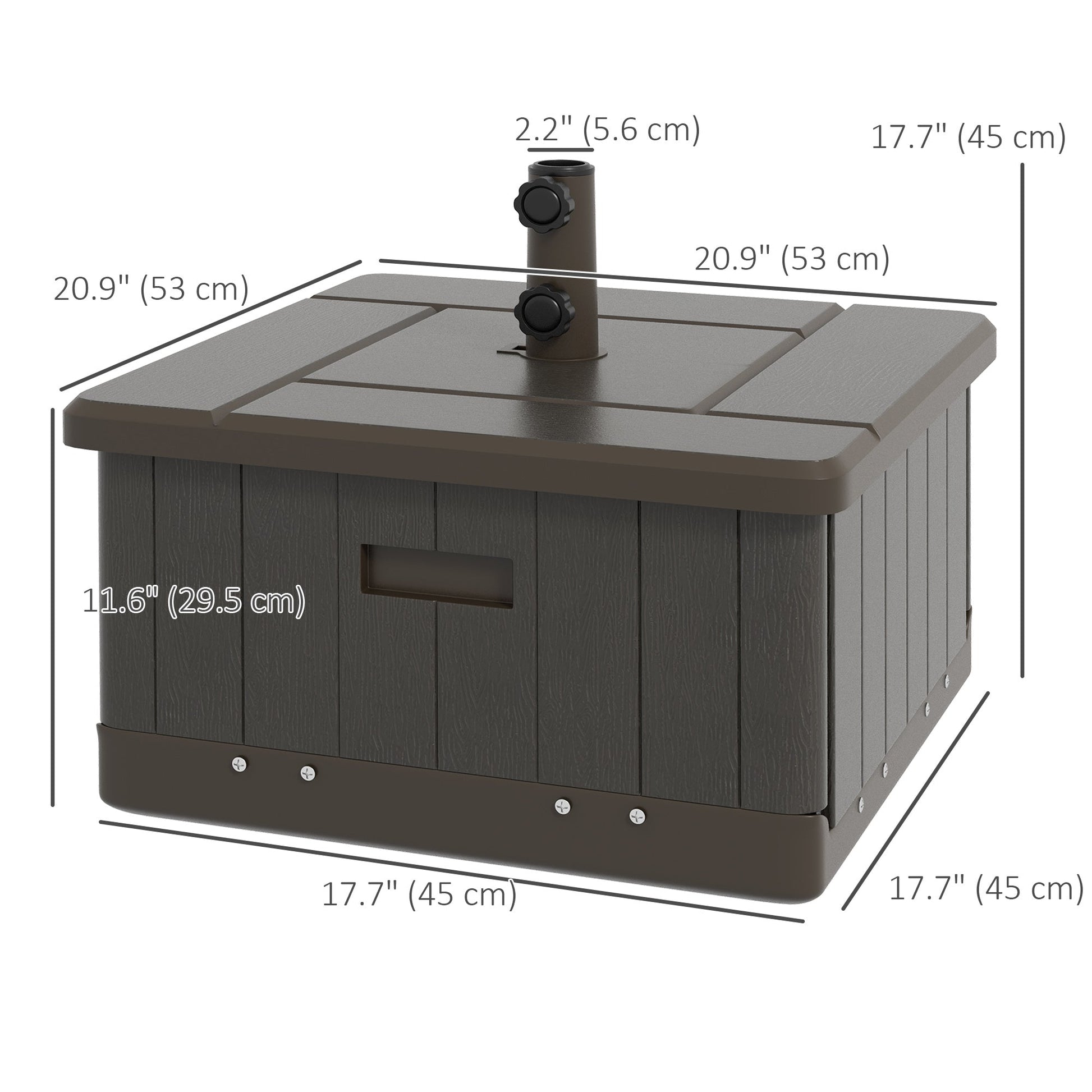 3-in-1 Outdoor Umbrella Base, Coffee End Table, Flower Box Planter with Drain Hole, Fillable Patio Umbrella Stand Table with Wheels and Handles, Brown