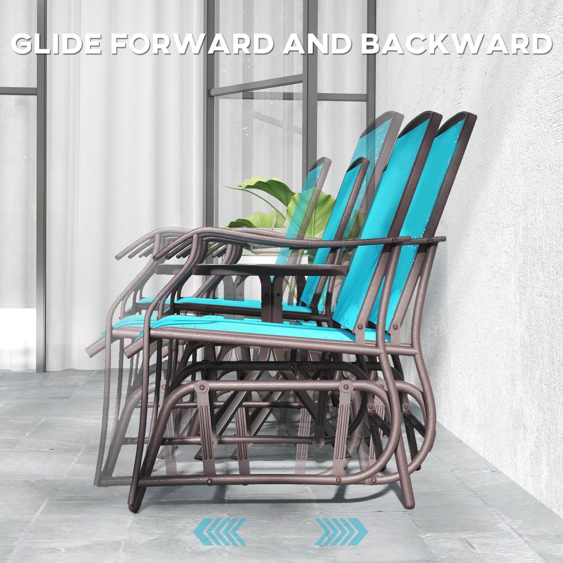 3 Piece Patio Glider Set, Outdoor Gliders with Glass Top Table, Breathable Mesh Seat, or Garden, Country Yard, Porch, Blue