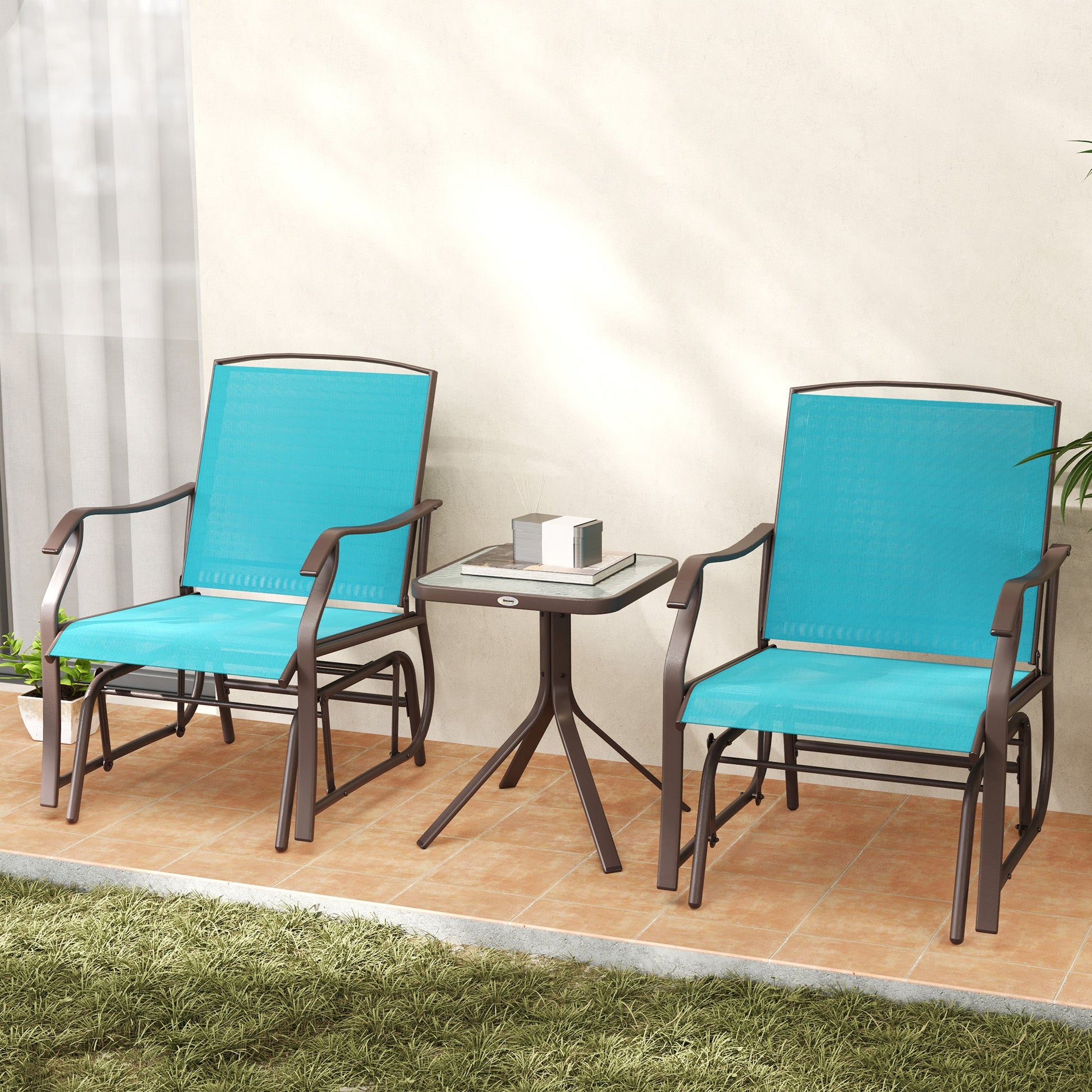 3 Piece Patio Glider Set, Outdoor Gliders with Glass Top Table, Breathable Mesh Seat, or Garden, Country Yard, Porch, Blue