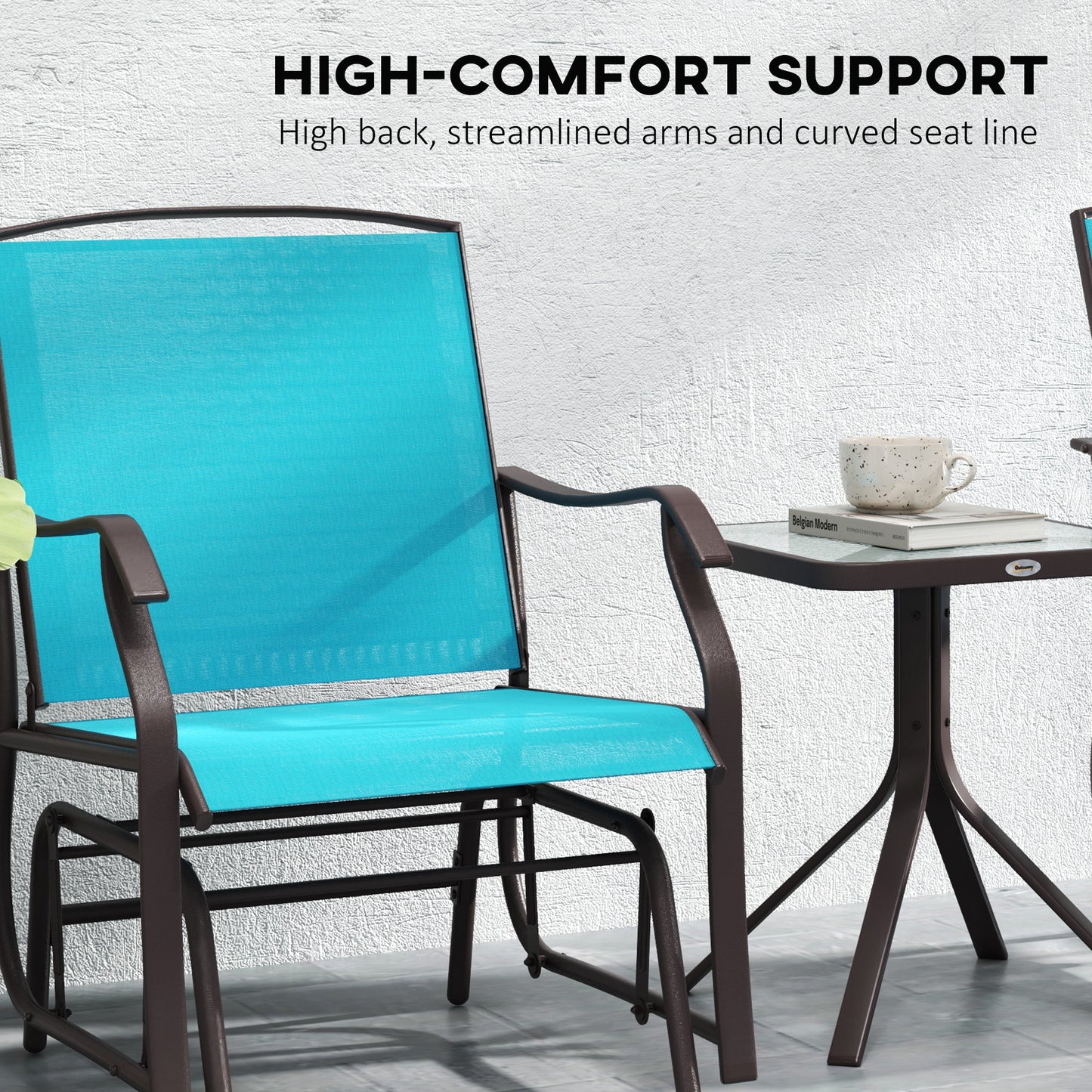 3 Piece Patio Glider Set, Outdoor Gliders with Glass Top Table, Breathable Mesh Seat, or Garden, Country Yard, Porch, Blue