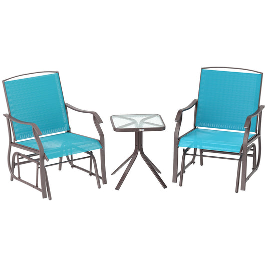 3 Piece Patio Glider Set, Outdoor Gliders with Glass Top Table, Breathable Mesh Seat, or Garden, Country Yard, Porch, Blue
