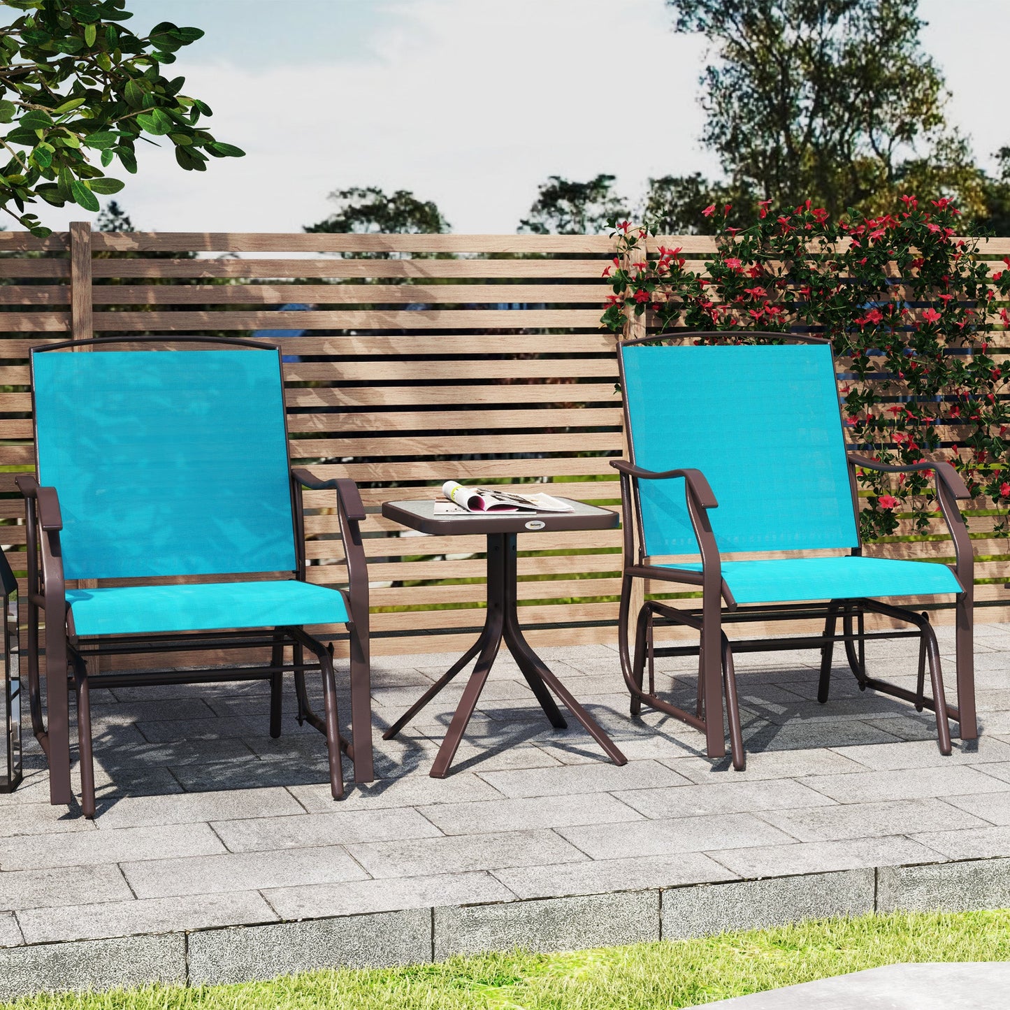 3 Piece Patio Glider Set, Outdoor Gliders with Glass Top Table, Breathable Mesh Seat, or Garden, Country Yard, Porch, Blue