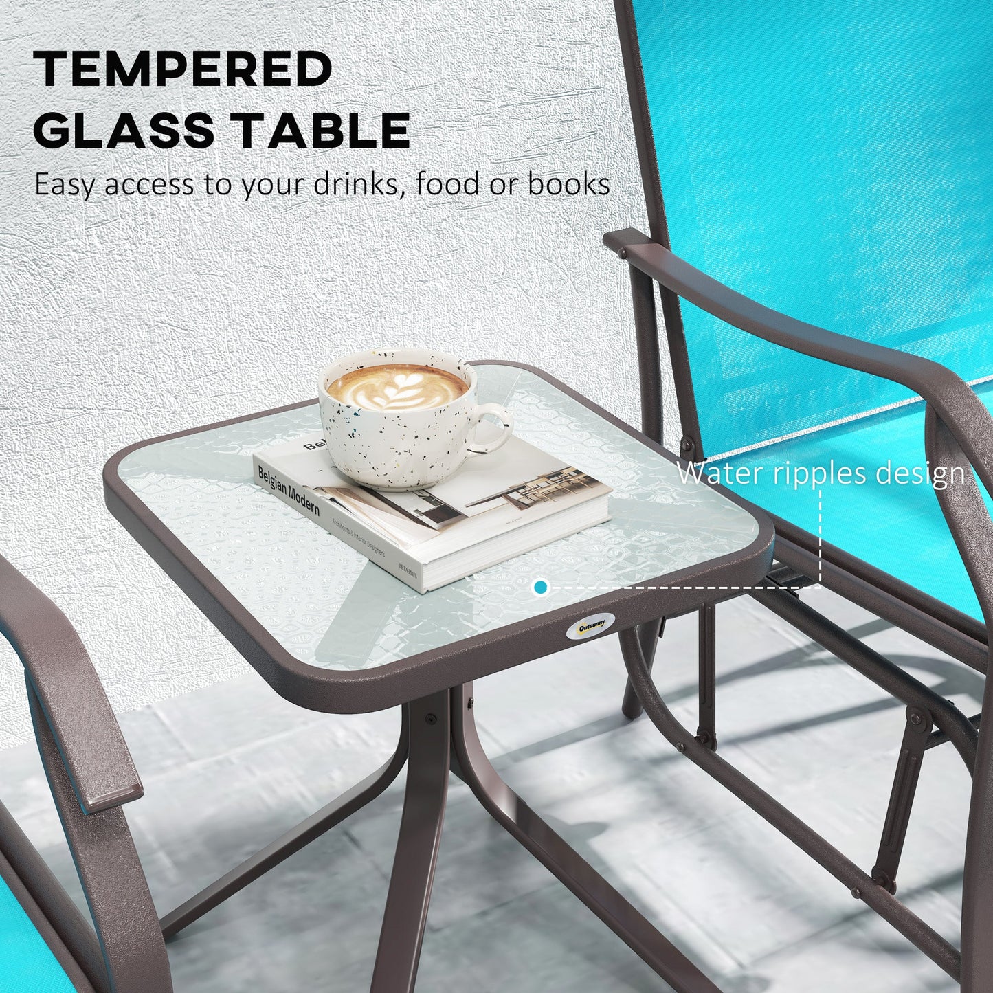 3 Piece Patio Glider Set, Outdoor Gliders with Glass Top Table, Breathable Mesh Seat, or Garden, Country Yard, Porch, Blue