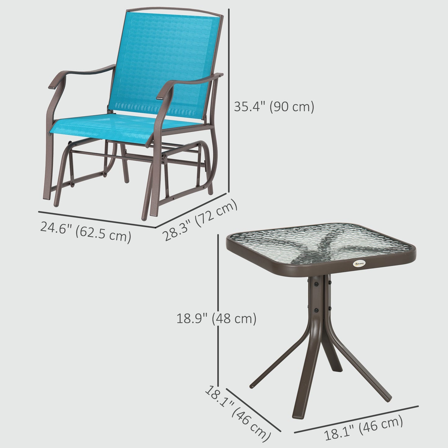 3 Piece Patio Glider Set, Outdoor Gliders with Glass Top Table, Breathable Mesh Seat, or Garden, Country Yard, Porch, Blue
