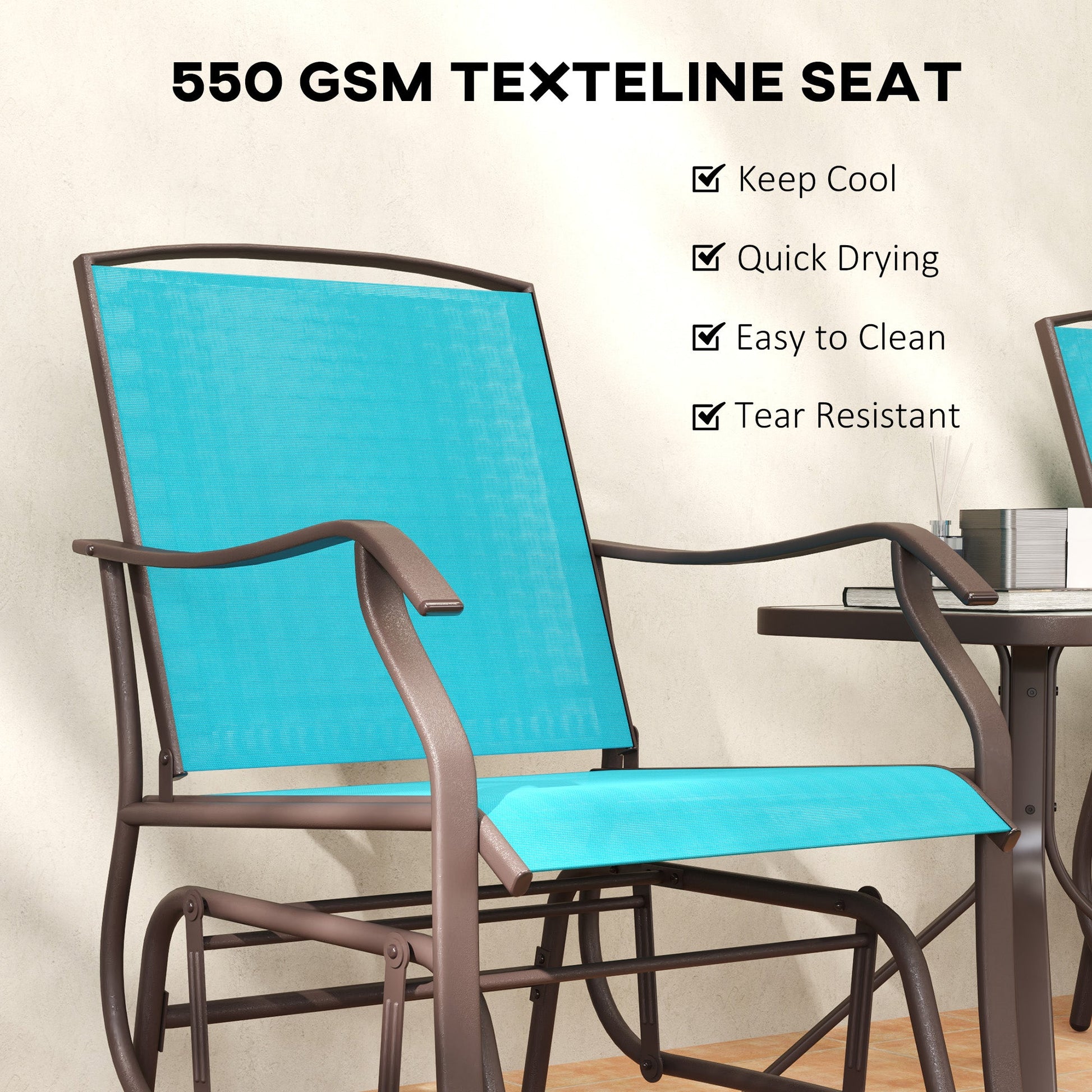 3 Piece Patio Glider Set, Outdoor Gliders with Glass Top Table, Breathable Mesh Seat, or Garden, Country Yard, Porch, Blue