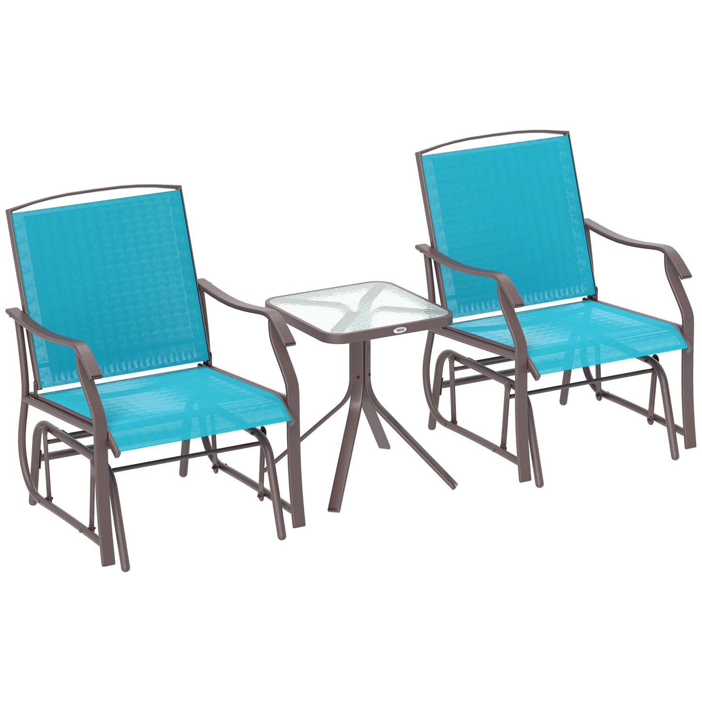 3 Piece Patio Glider Set, Outdoor Gliders with Glass Top Table, Breathable Mesh Seat, or Garden, Country Yard, Porch, Blue