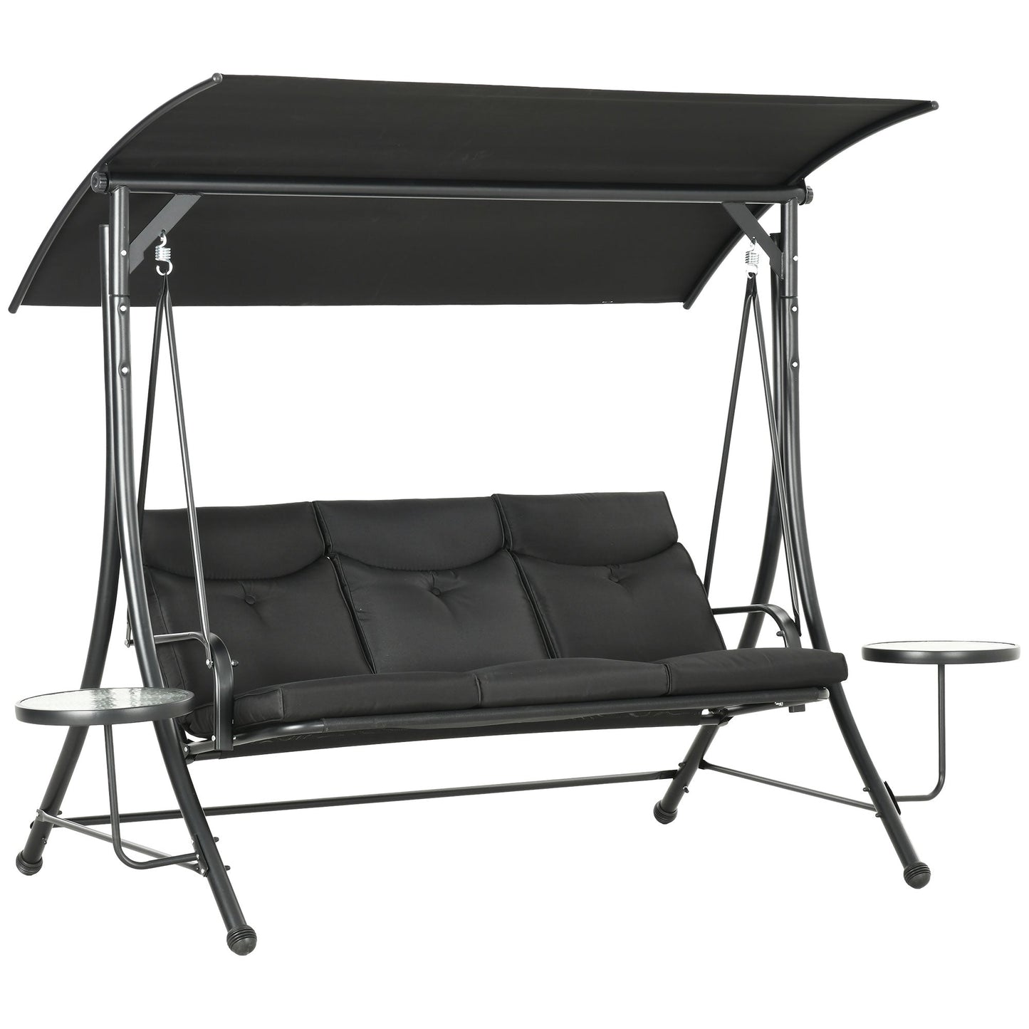 Porch Swing with Adjustable Canopy, 3 Seat Outdoor Swing Chair, Steel Patio Swing Bench with Coffee Tables and Cushion for Garden, Black