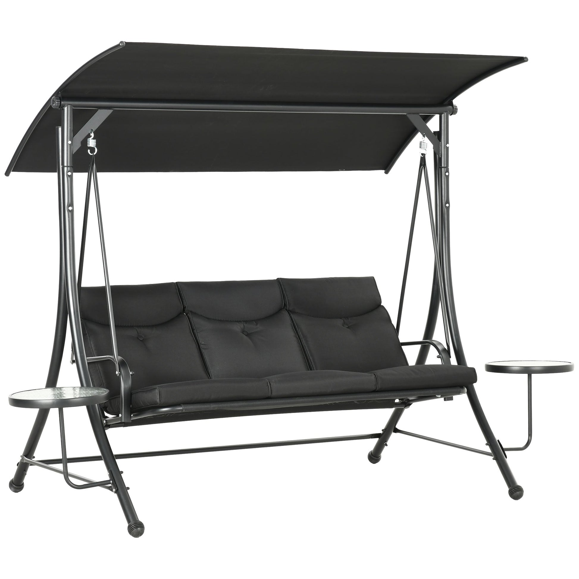 Porch Swing with Adjustable Canopy, 3 Seat Outdoor Swing Chair, Steel Patio Swing Bench with Coffee Tables and Cushion for Garden, Black