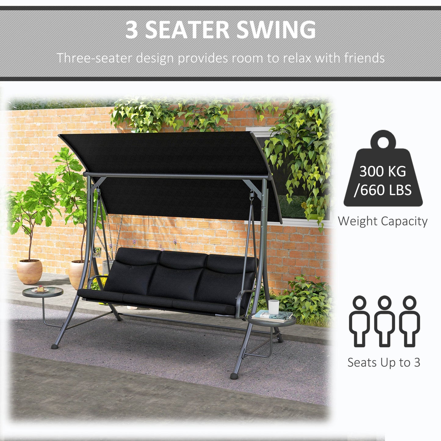 Porch Swing with Adjustable Canopy, 3 Seat Outdoor Swing Chair, Steel Patio Swing Bench with Coffee Tables and Cushion for Garden, Black