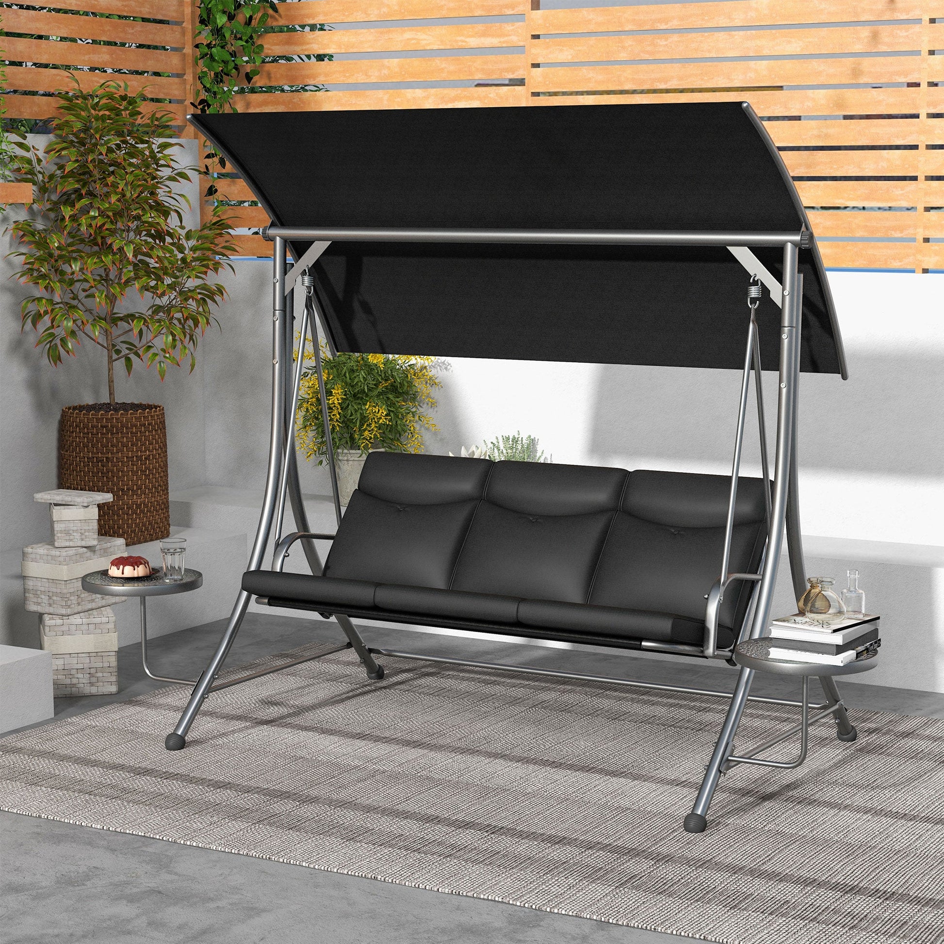 Porch Swing with Adjustable Canopy, 3 Seat Outdoor Swing Chair, Steel Patio Swing Bench with Coffee Tables and Cushion for Garden, Black