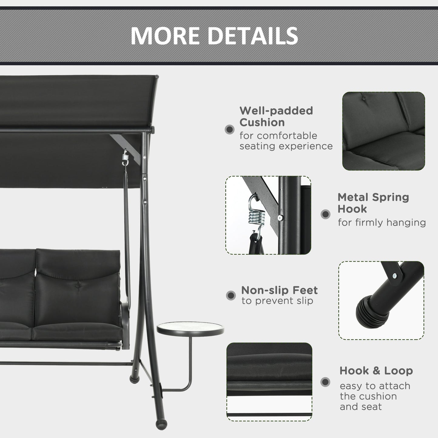 Porch Swing with Adjustable Canopy, 3 Seat Outdoor Swing Chair, Steel Patio Swing Bench with Coffee Tables and Cushion for Garden, Black