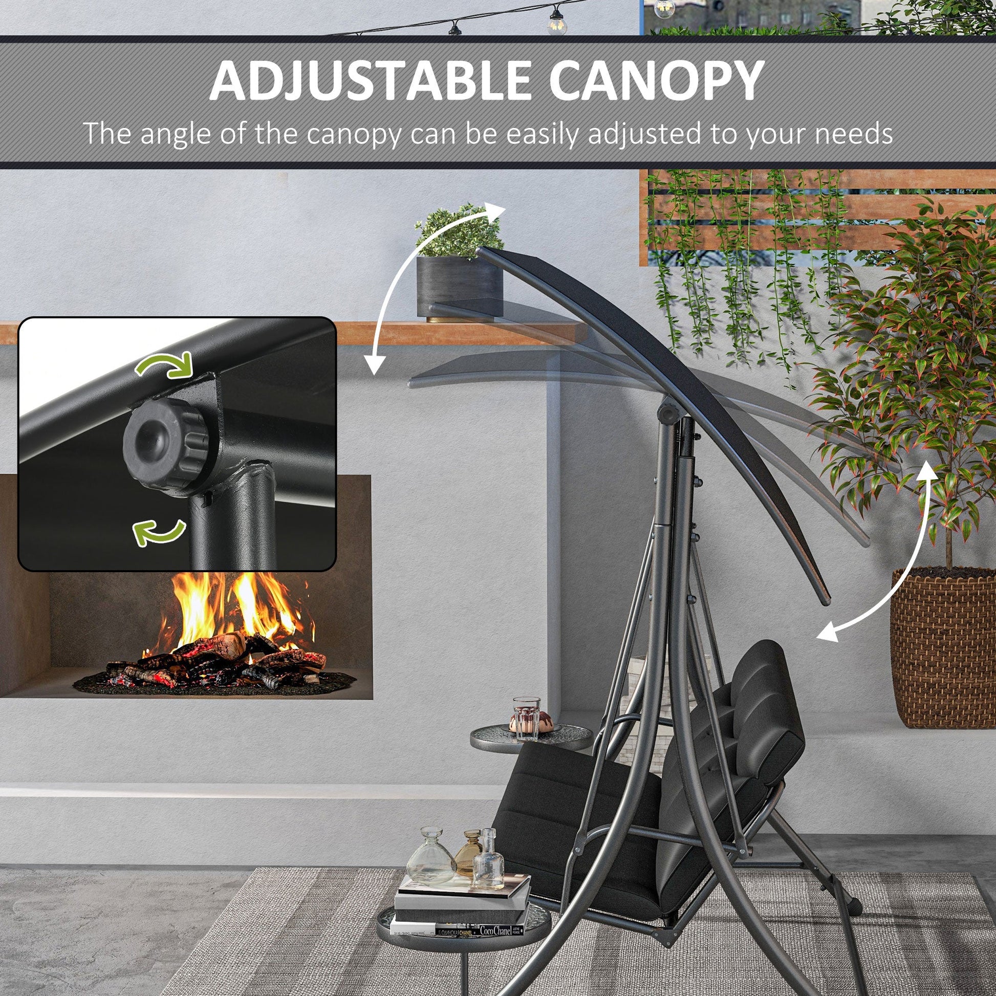 Porch Swing with Adjustable Canopy, 3 Seat Outdoor Swing Chair, Steel Patio Swing Bench with Coffee Tables and Cushion for Garden, Black