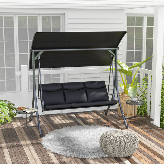 Porch Swing with Adjustable Canopy, 3 Seat Outdoor Swing Chair, Steel Patio Swing Bench with Coffee Tables and Cushion for Garden, Black