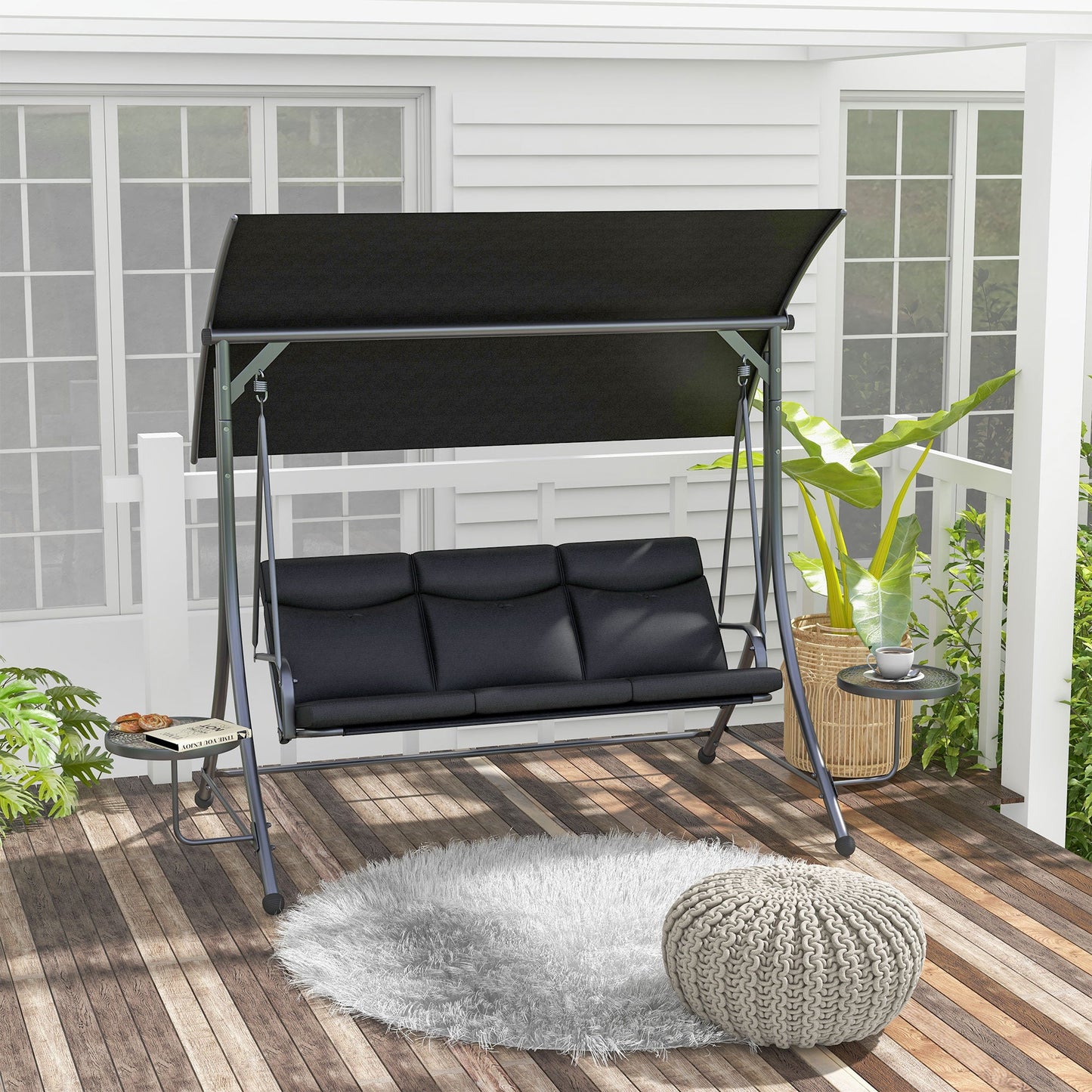 Porch Swing with Adjustable Canopy, 3 Seat Outdoor Swing Chair, Steel Patio Swing Bench with Coffee Tables and Cushion for Garden, Black
