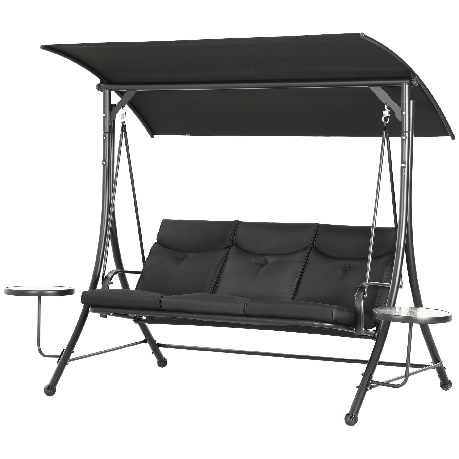 Porch Swing with Adjustable Canopy, 3 Seat Outdoor Swing Chair, Steel Patio Swing Bench with Coffee Tables and Cushion for Garden, Black